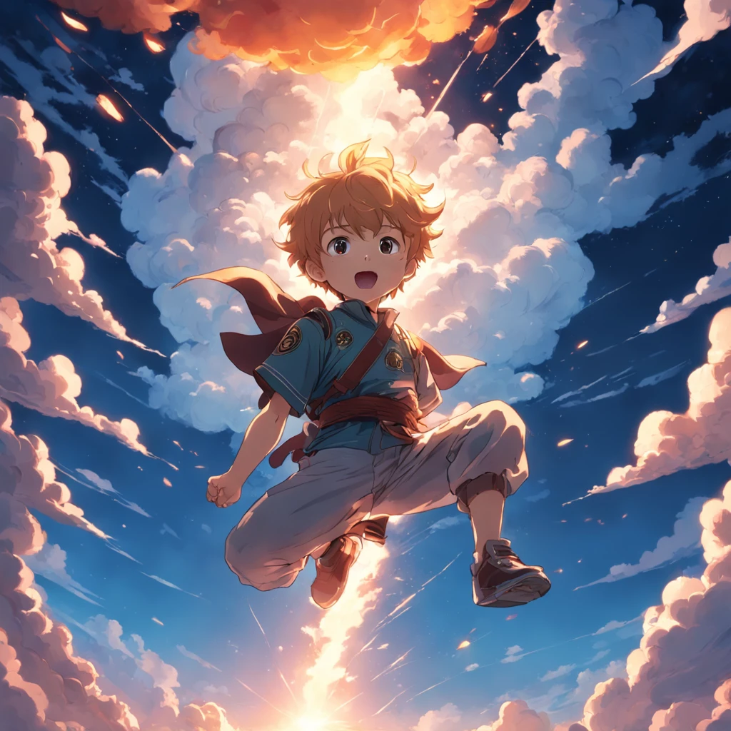 masterpiece, best quality, movie still, 1boy, cloud boy, floating in the sky, close-up, bright, happy, warm soft lighting, sunset, (sparks:0.7)