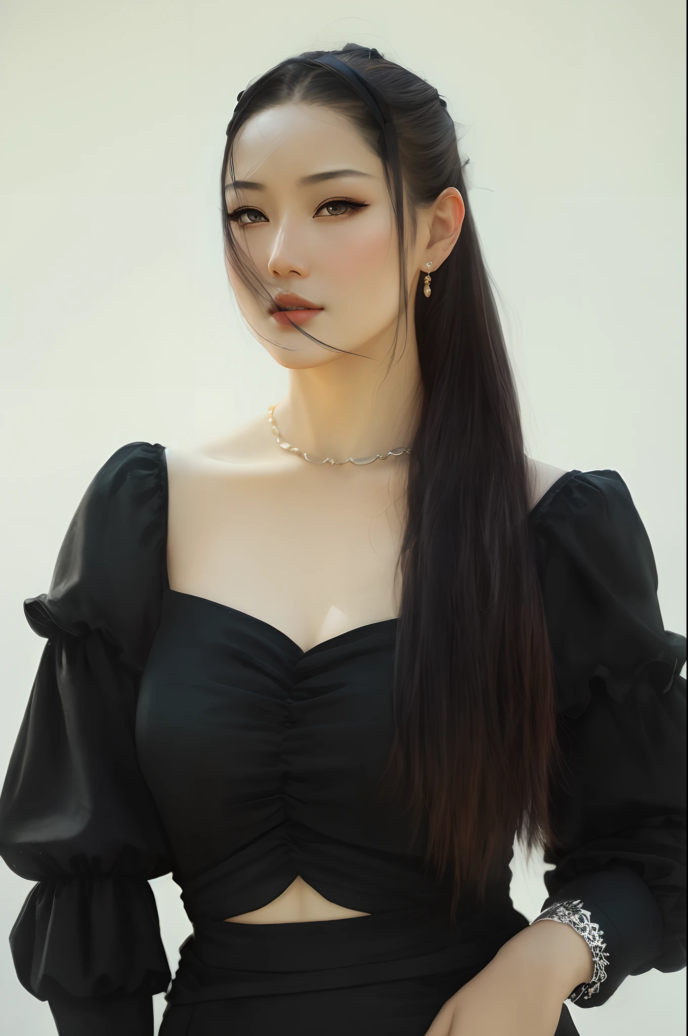 there is a woman in a black dress posing for a picture, Zhang Jingna, Portrait of Ana de la Regra, ruan jia beautiful!, Lu Ji, kimi vera, up face with 1 9 2 0 s hairstyle, Fan Bingbing, Hana Alyssa Omar, author：Arthur Penn, poster shot, inspired by Yao Tingmei, gorgeous beautiful woman