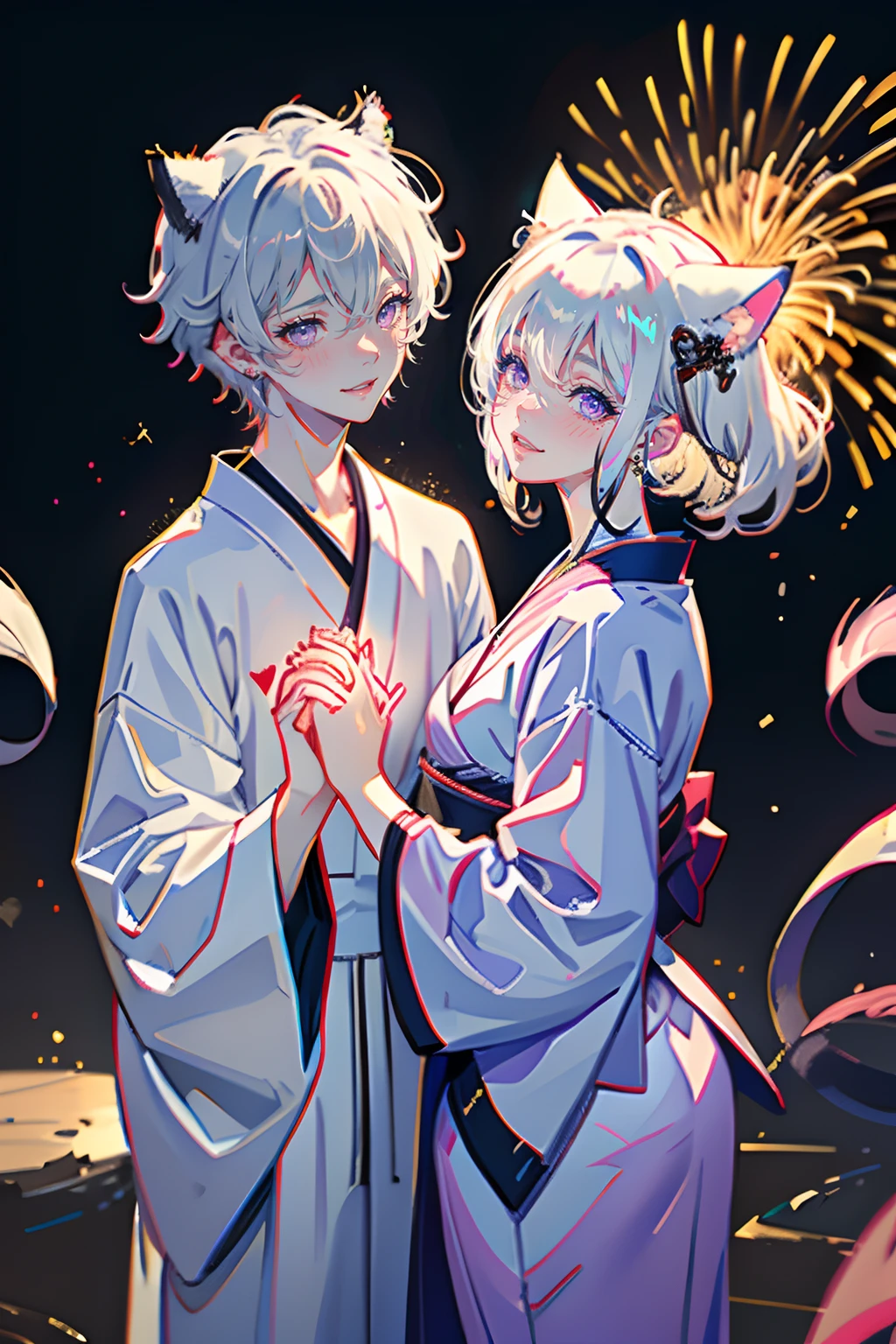 (1boy and 1girl), (cat ears:1.2), short hair, silver hair, white hair, purple eyes, masterpiece, pov, medium breast, absurdres, messy hair, cute smile, winking, blushing, nice hands, simple background, Japanese clothes, yukata, holding hands, floating heart, heart earrings, white hair, full-face blush, looking at another, face-to-face