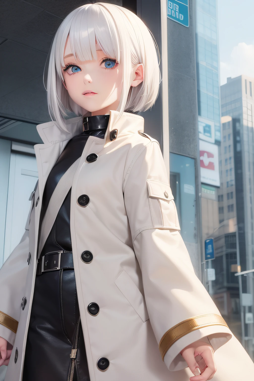 A girl with white hair whose hair was like a bandage,Has blue eyes,Wearing a beige coat,He was wrapped in bandages