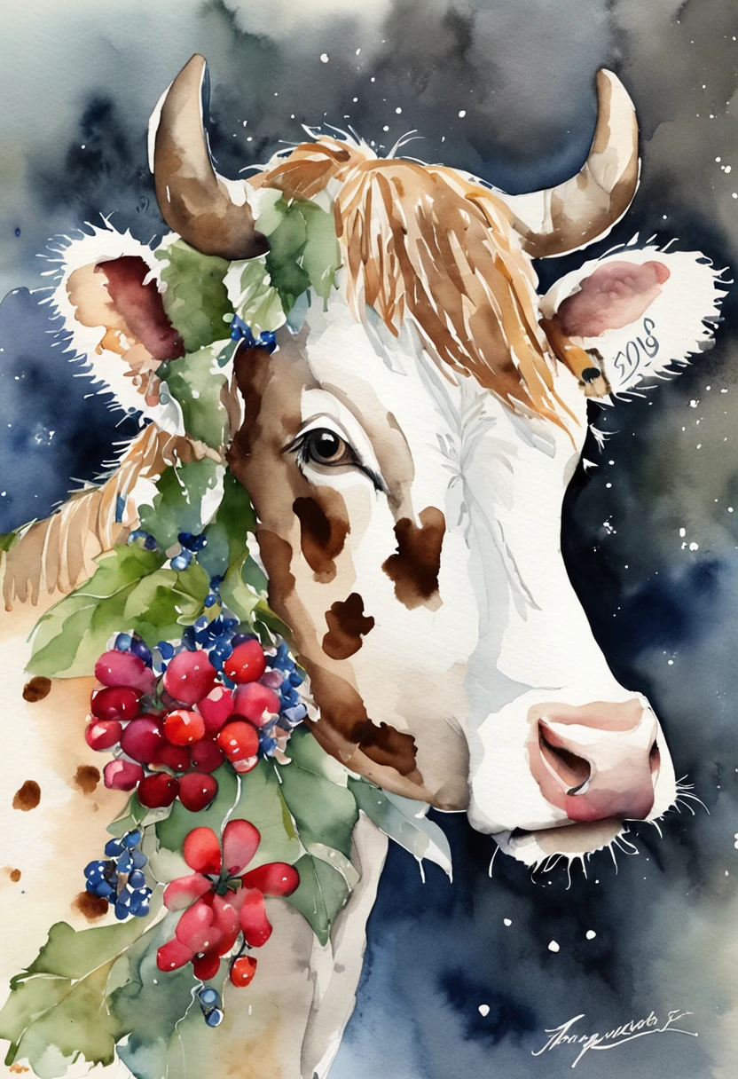 A cute American black and white spotted cow,A bright wreath is worn on his head,