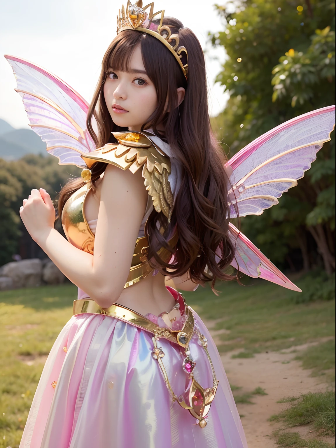 (masutepiece), Professional , masterpiece、top-quality、photos realistic , depth of fields (Gemstone Silver Metal Body:1.9),(Matte Pink、Jewel Gold Weapon、(Gorgeous castle background)、(ultimate beauty girl)、(Iridescent fairy wings grow on the back)、(Jewel Metal Body:1.9),Gorgeous Jewel Metal Weapons , Detailed Sword of the Brave ,( a blond) ,warhammer 40k , adepta sororitas,Detail and ornate jewel crown、独奏、Brown hair、(Gangle's forest background)、Beautiful Caucasian beauty、1a person、dynamic ungle,(((Diamond tiara with detail and luxury)))、a small face、Powerful poses、(Gorgeous castle background)、huge filesize、20 year old beautiful woman、Stand in the center of the screen、Thin female fingers、Straight long hair、Beautiful Caucasian beauty、Valley、Fairy of Light、