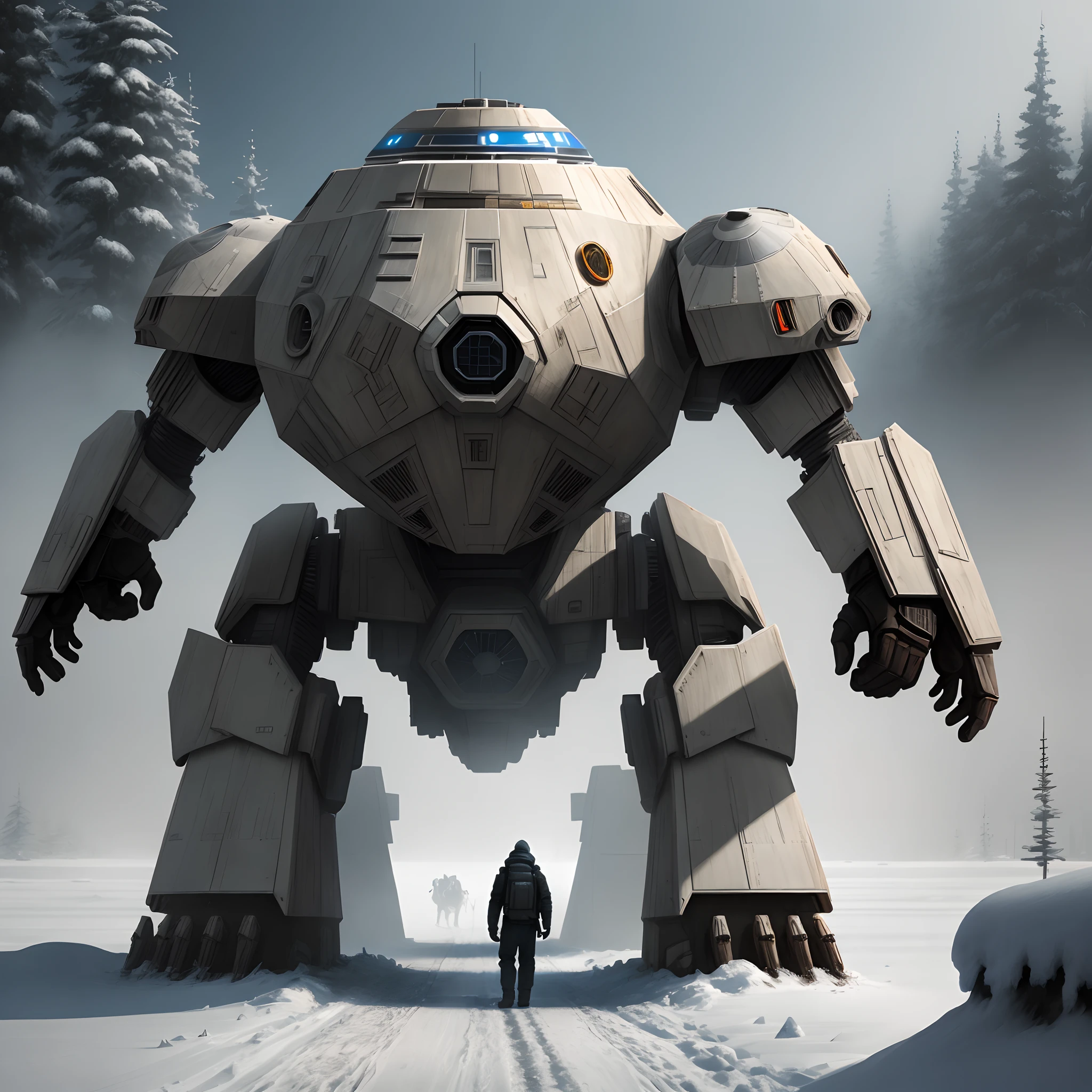 Star Wars in St. Walker, snowy landscape, Futuristic details, Cinematic style, Digital art, illusory engine, Highly detailed, Bokeh