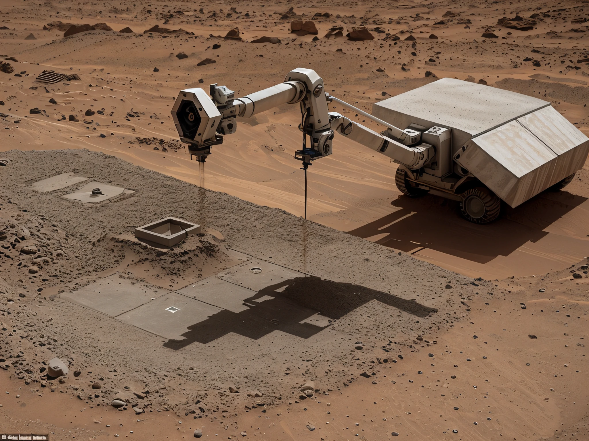 On Mars,The robotic arm has a nozzle at the end,Spray out concrete,Concrete is piled up layer by layer,Accentuates the feeling of layered printing,