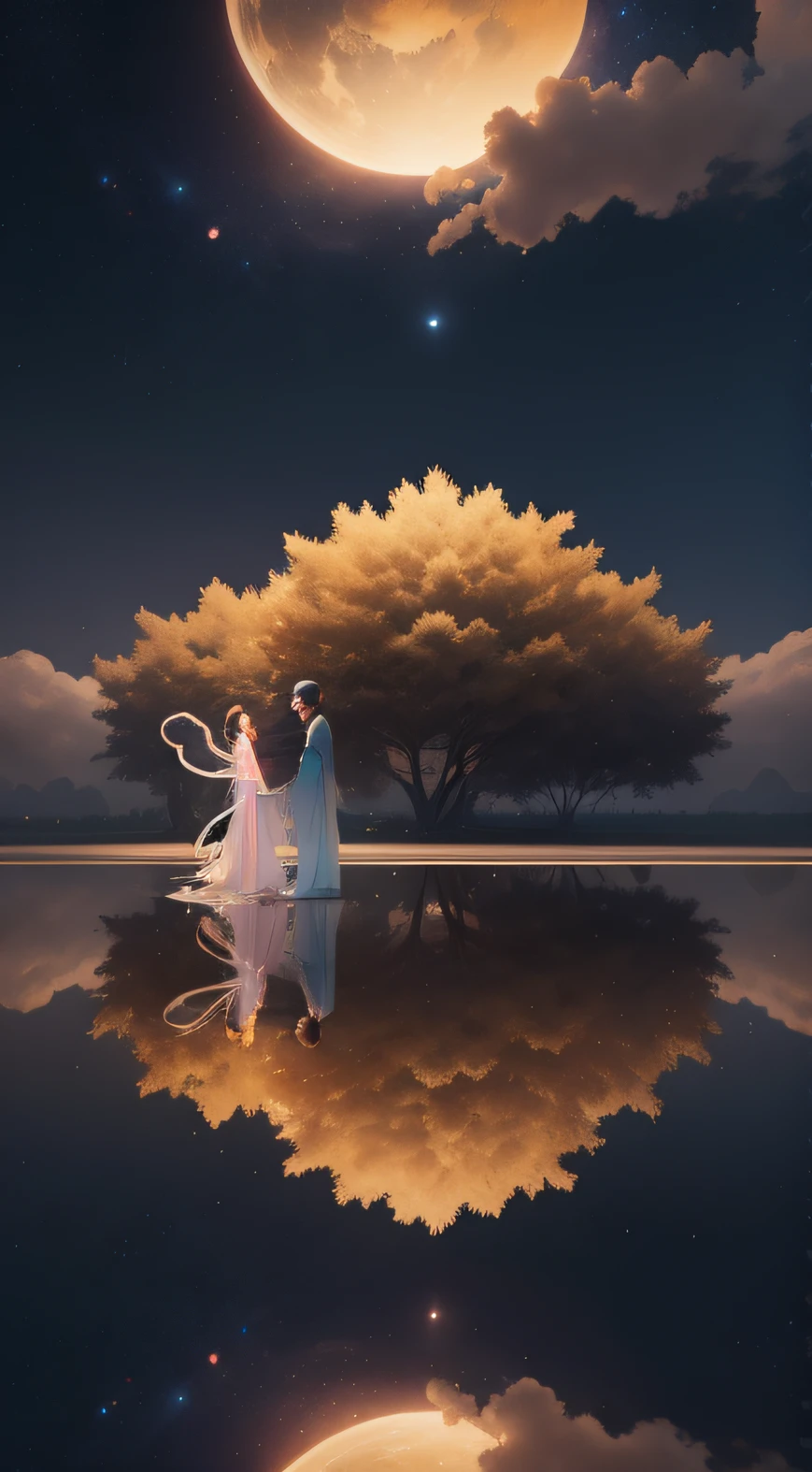 A Chinese couple,wearing a hanfu,Starcloud,ultra very long shot,Wide view,Hope is abundant,illusory engine,