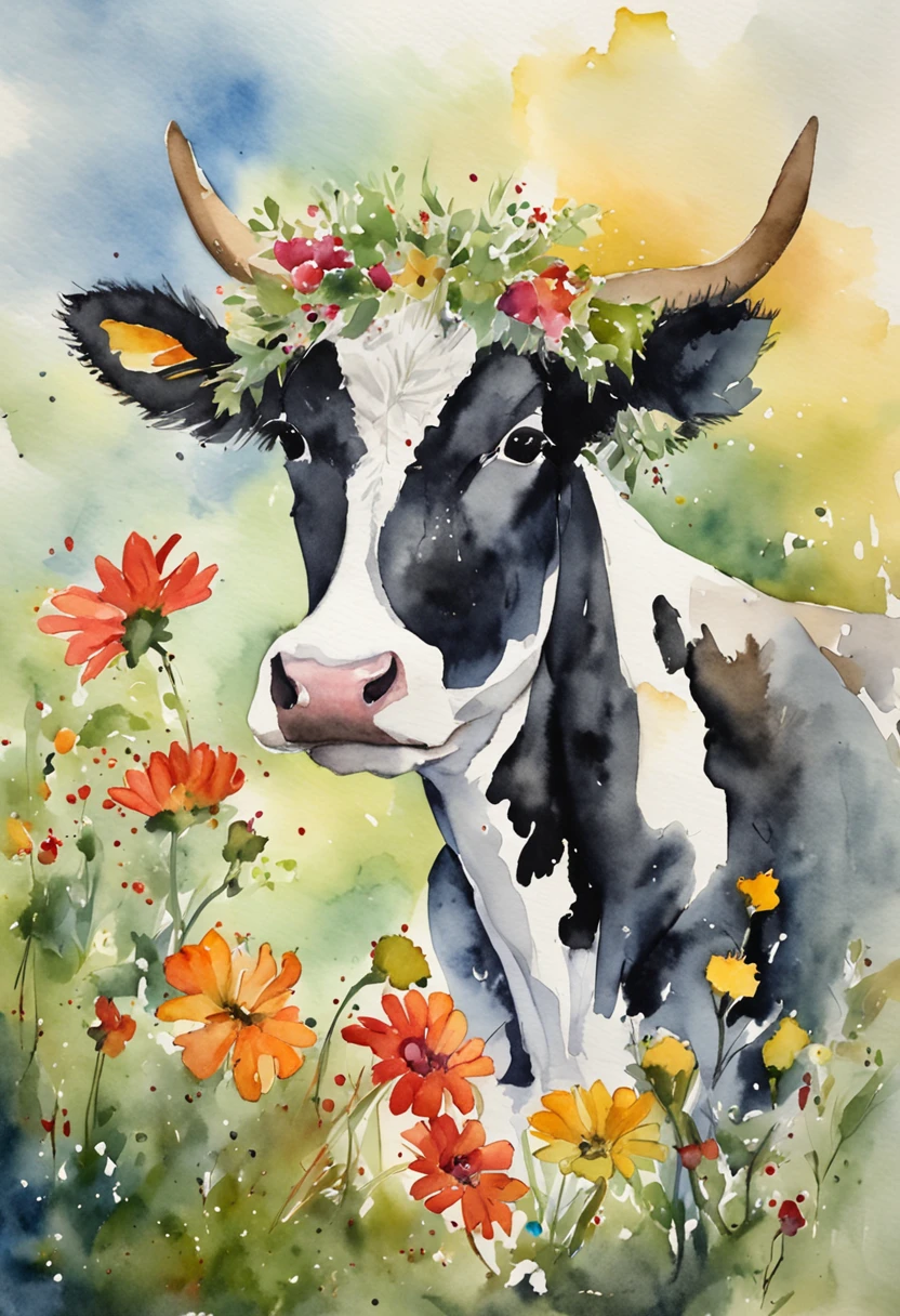 A cute American black and white spotted cow,A bright wreath is worn on his head,