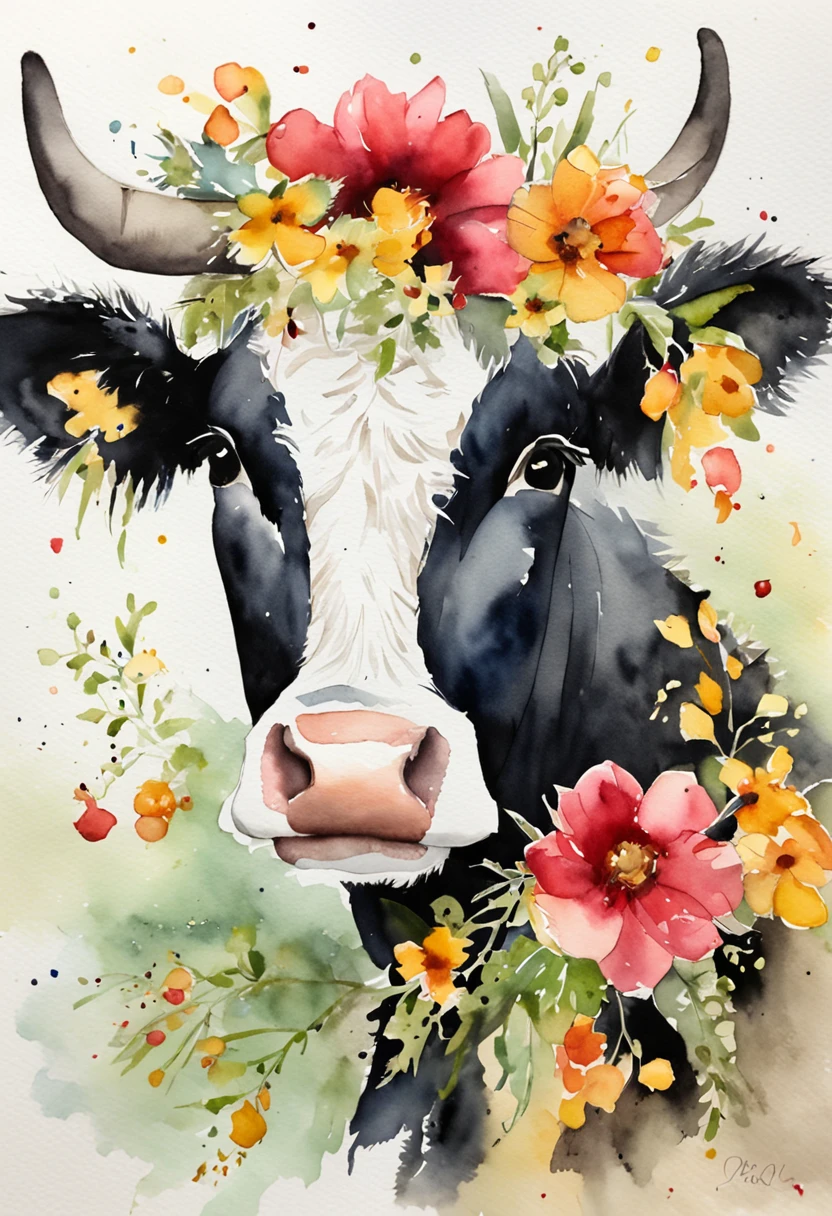 A cute American black and white spotted cow,A bright wreath is worn on his head,