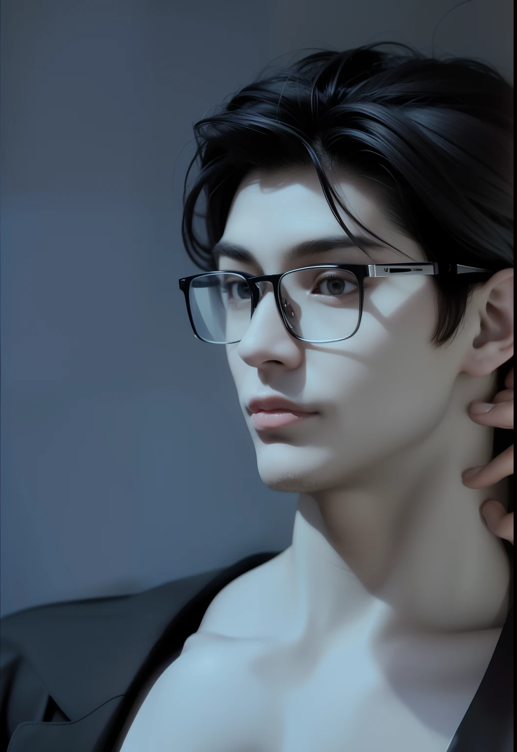 best quality, masterpiece, (realistic: 1.2), 1 man, real life, live action, black pants, black hair, glasses, fitness, fit body, slim body, high definition, high quality