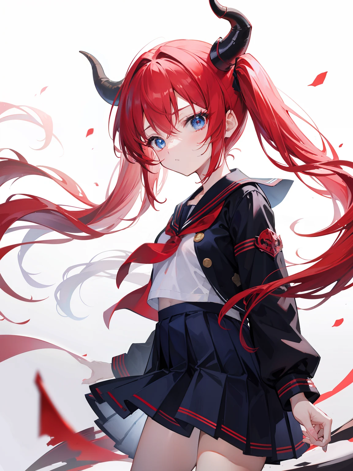 red hair, blue eyes, twintails, Sailor suit,black coat, Dragon horns,Pleated skirt,solo,li,cute,bow