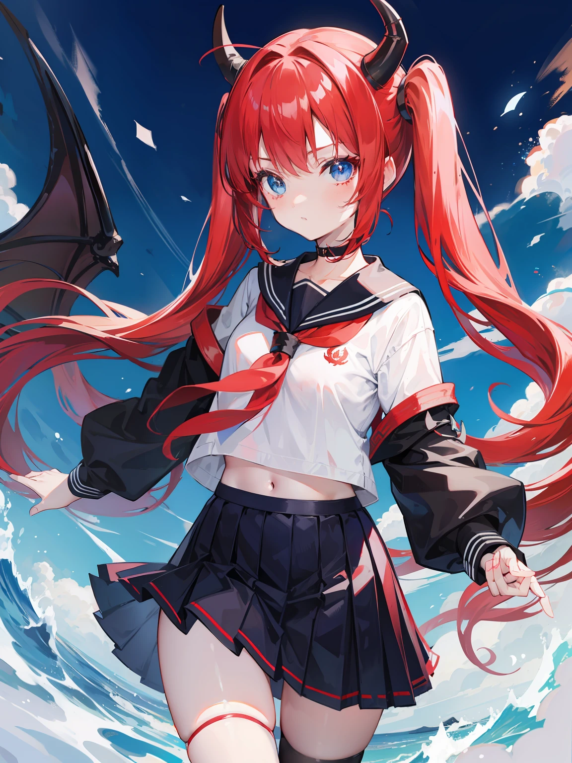 red hair, blue eyes, twintails, Sailor suit,black coat, Dragon horns,Pleated skirt,solo,loli,cute,bow