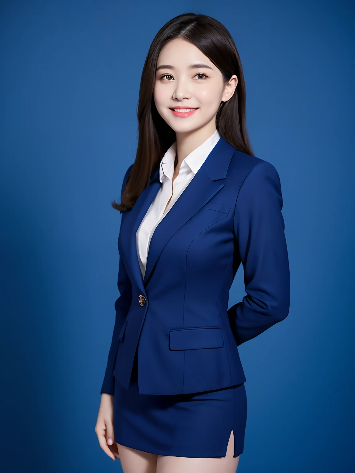 Medium view 1,23-year-old female,55 mm masterpiece,Dark blue suit and miniskirt,Standard standing posture and making bank guidance gestures,Smiling,Office background blurring。