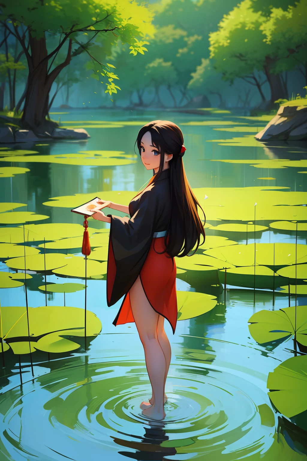 ((4K,Masterpiece,Best quality)), shuimobysim, Traditional Chinese painting, lotuses, Hanfu, maxikit, Dress conservatively 1girl, Solo, Blue long hair, ssmile, standing on your feet, feet in water, The barefoot,Cold weapons --auto