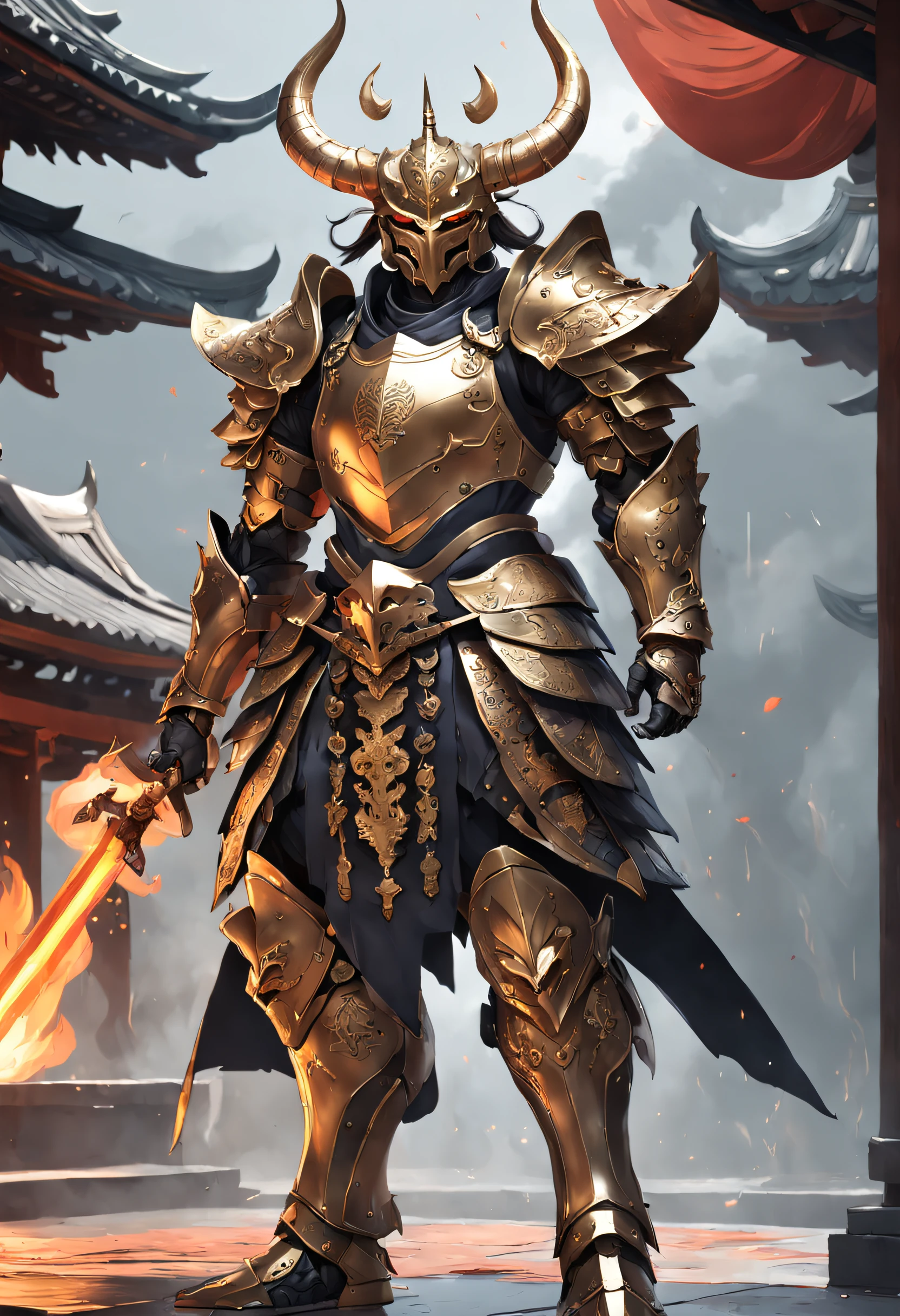 Warrior, concept art, by Kishi Ganku, fantasy art, zen temple background, clean render, a horned, wearing a suit of armour, detailed bushido form smoke, helmet of a forgotten deity, character is standing, 8k realistic, in game render, detailed face background detail, art station front page, ox, pseudo - medieval fantasy, deity with koi armor, detailed bronze armor, bronze armor, golden etched armor, gold obsidian armor, light gold armor, ornate filigree armor, demon warrior, ornate armor covered in thorns, intricate assasin armor, intricate metal armour, formidable warrior, clad in an ornate golden armor adorned with intricate designs, helmet boasting a large crest and two horns, all set against a dark, smoky backdrop suggestive of a battle scene, lending an ominous aura to his persona