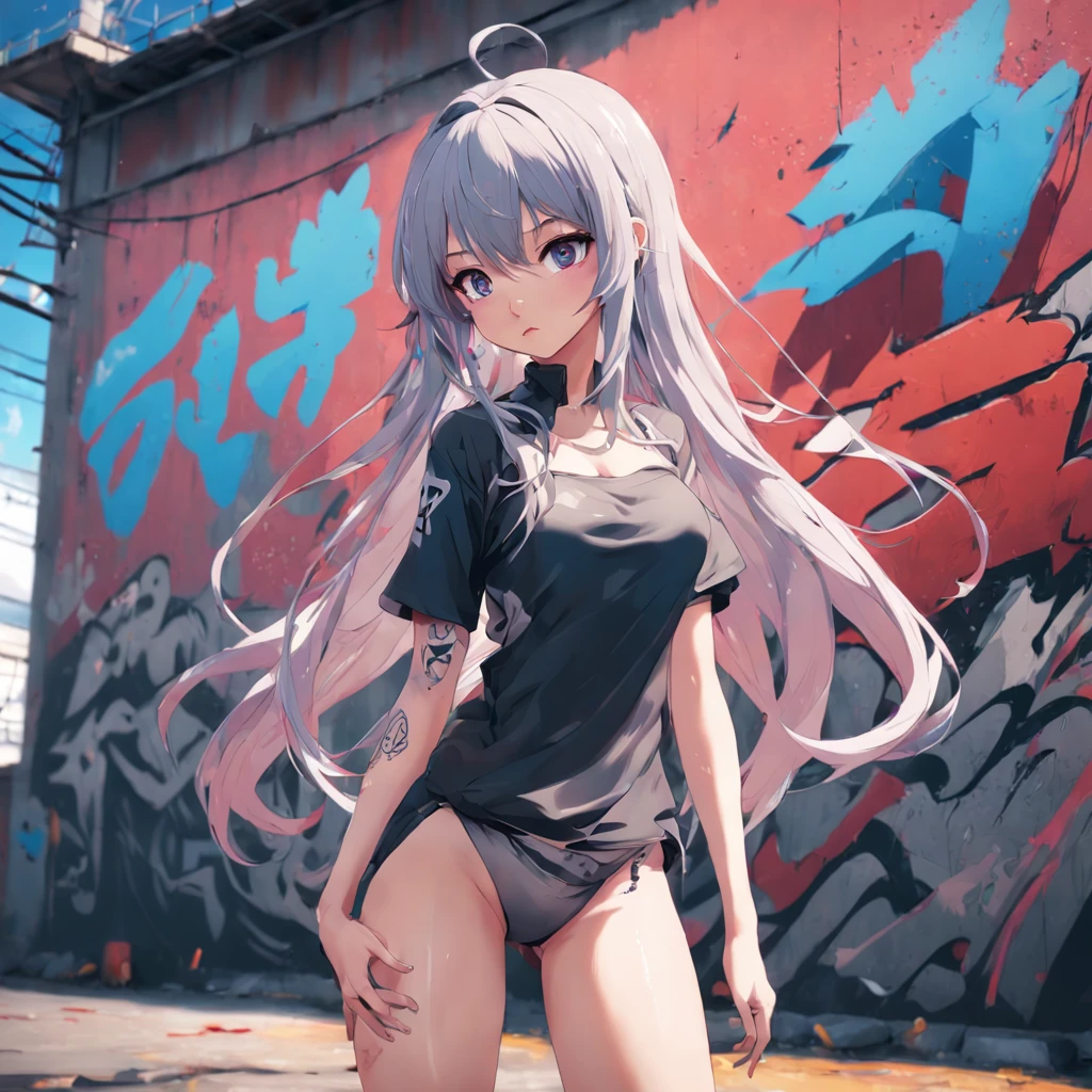 arafed woman with long hair and tattoos posing in front of graffiti wall, anime style. 8k, anime style 4 k, artwork in the style of guweiz, anime girl, anime styled 3d, anime character; full body art, realistic anime 3 d style, anime styled digital art, realistic anime artstyle, style anime, seductive anime girl