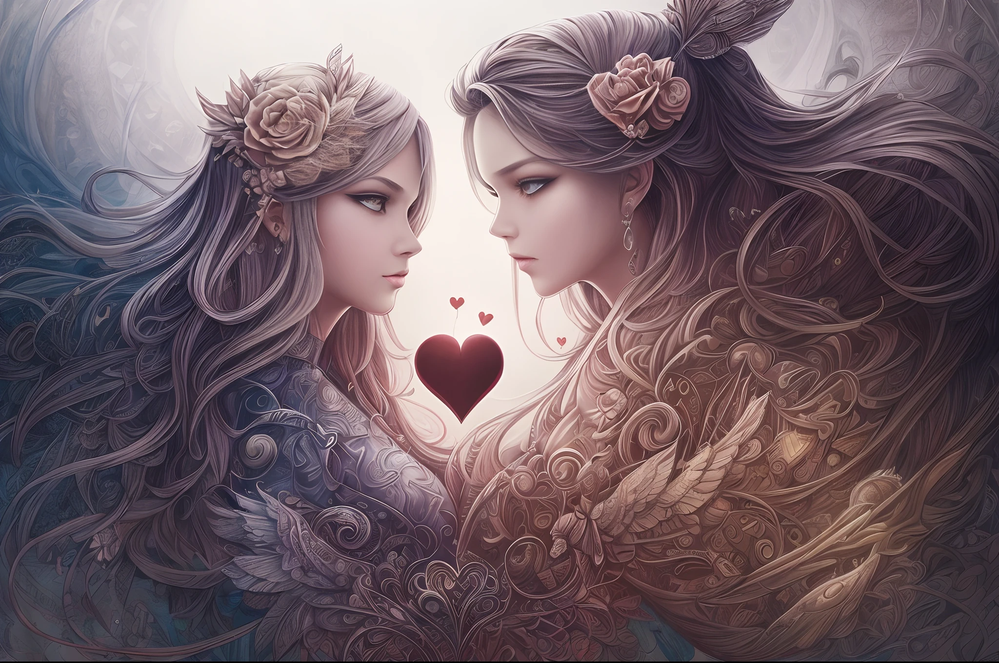 metaphysical painting, (deceiving picture is hidden heart design of ambiguous figure:1.2), (love story:1.21), concept art, super fine detailed, pencil art drawing, airbrush coloring, rich colored, extremely finely detailed, epic high quality, insanely beautiful illustration,