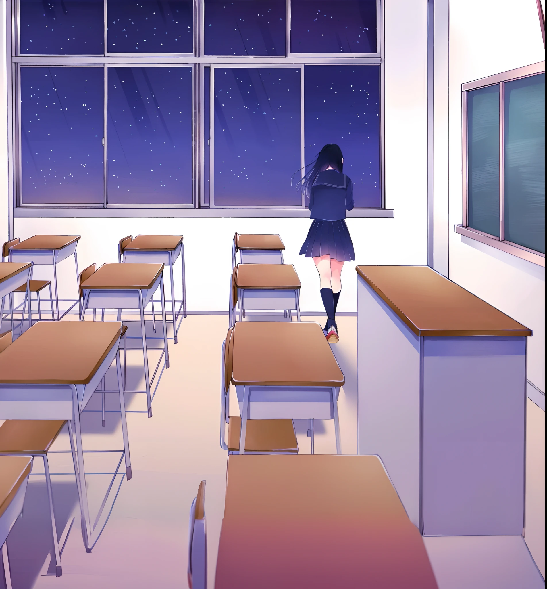 Anime scene of a girl standing in a classroom with a window, typical anime classroom, Anime background art, Classroom Background, highschool background, standing in class, anime backgrounds, In a classroom, beautiful anime scenes, Beautiful Anime High School Girls, animeaesthetic, Sitting in the classroom, anime scene, beautiful anime scenery, Anime landscapes, anime movie backgrounds, School Classroom