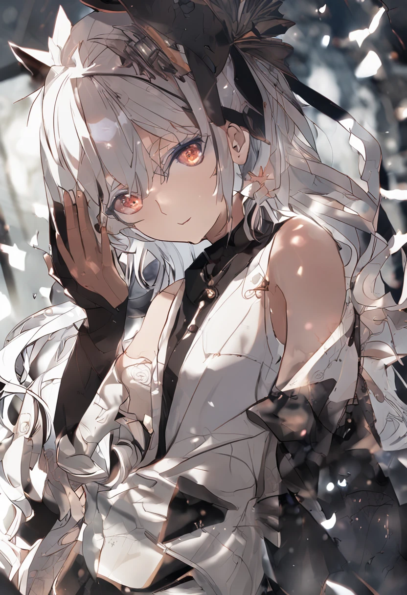 (best quality,4k,8k,highres,masterpiece:1.2), ultra-detailed, (realistic,photorealistic,photo-realistic:1.37), (Style by NTY:1.4), a woman, black shirt, white hair, intricate, dark,