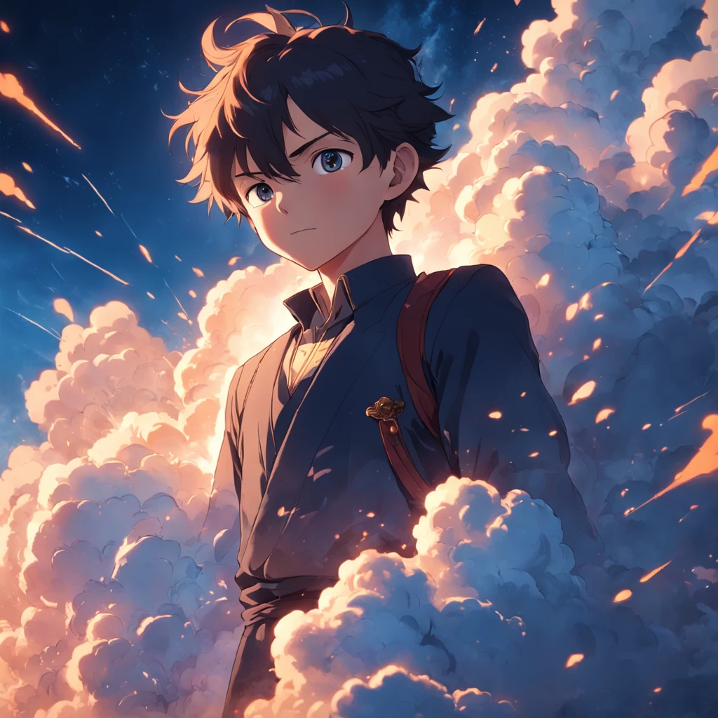masterpiece, best quality, movie still, 1man, cloud man, floating in the sky, close-up, bright, happy, warm soft lighting, sunset, (sparks:0.7)