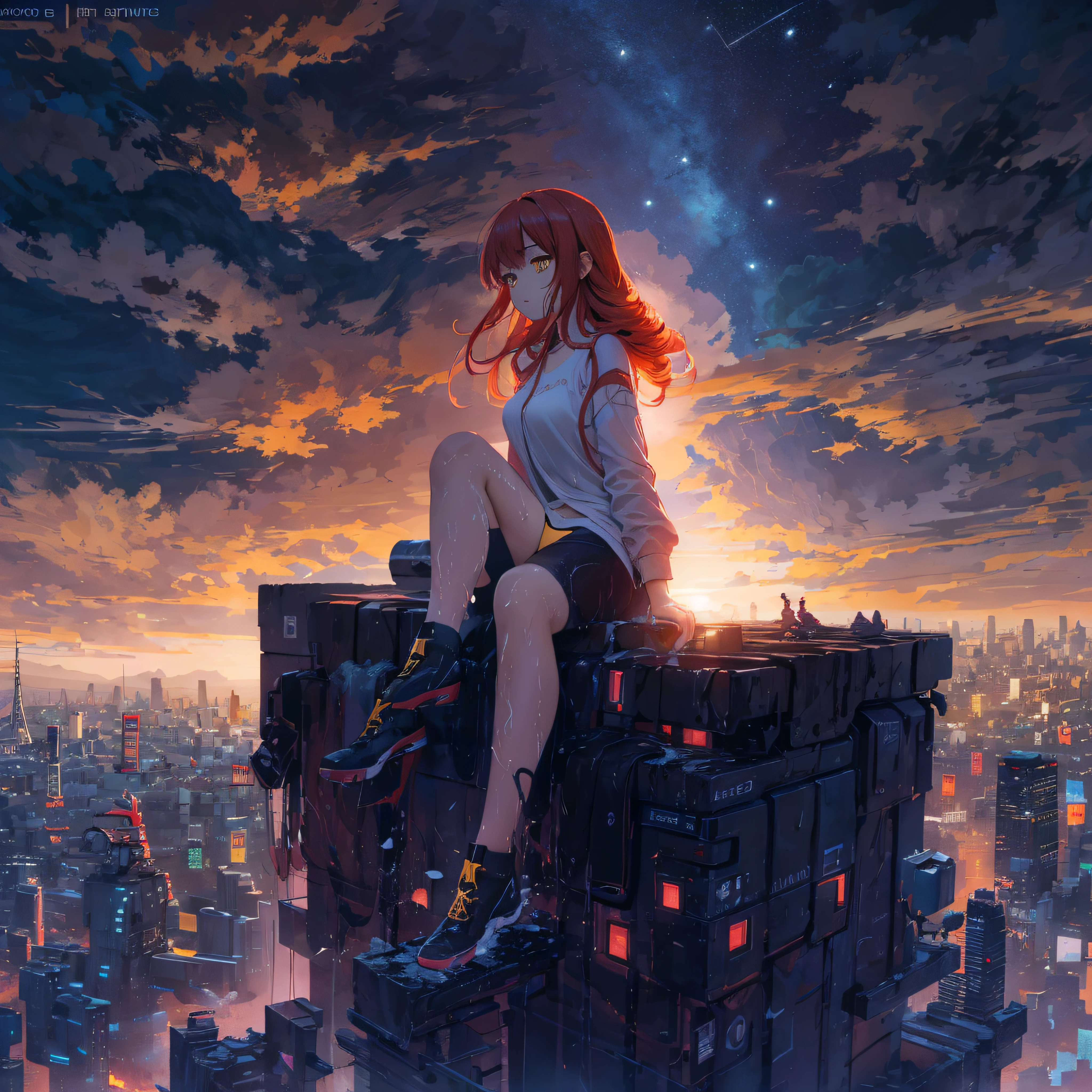 octans, sky, star (sky), scenery, starry sky, night, 1girl, night sky, solo, outdoors, building, cloud, comets, milky way, sitting, tree, bring small robot, long red hair, white shirt, golden eyes, black panties, wet, sexy, cyber city, futures, silhouette, cityscape, amazing, power, aura.
