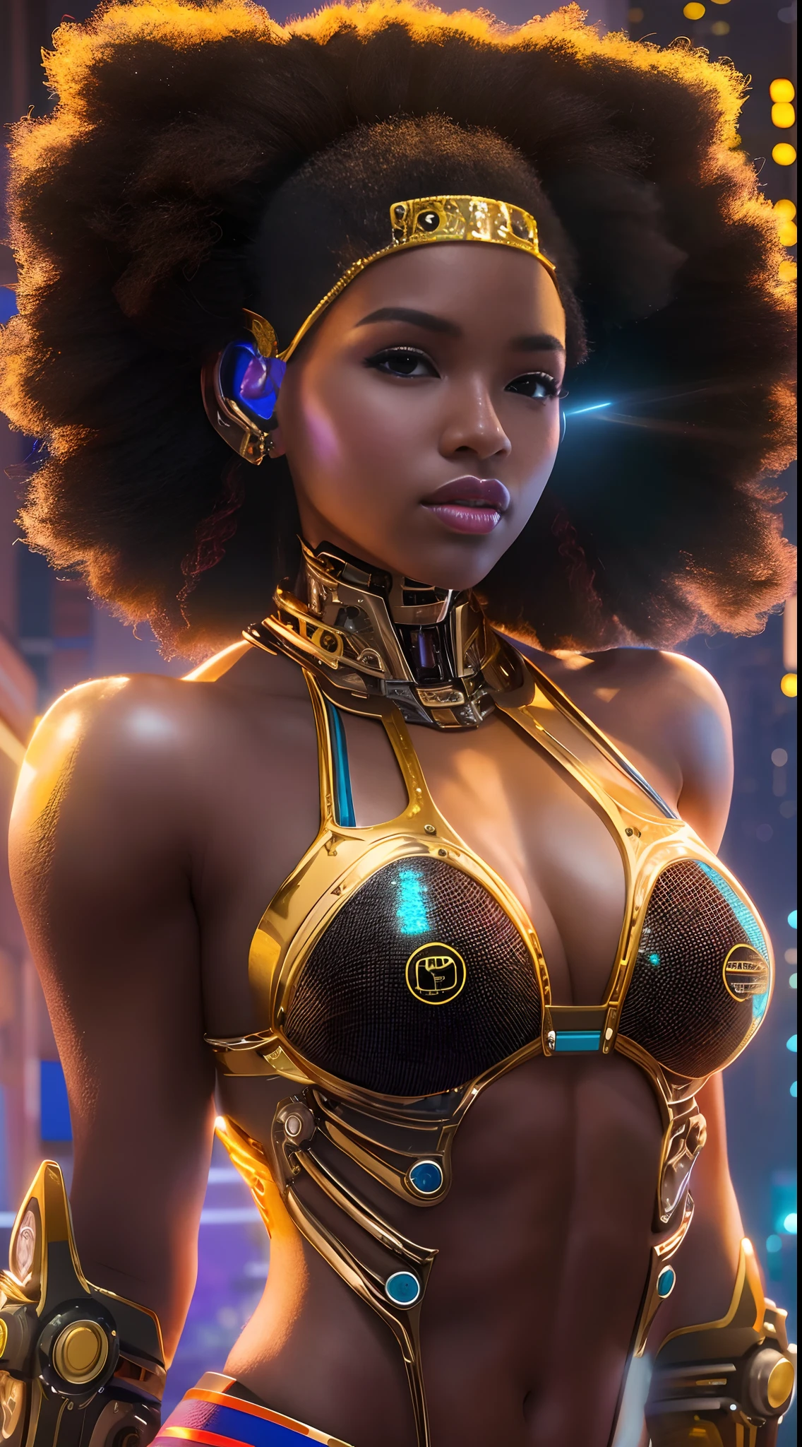 Cybernetic girl((afro americana))Beautiful looking at the camera in bikini Detailed muscles realistic masterpiece, Pose ativa, action pose, luz LED | |, Gold Parts, franja, cabelo curto, vista traseira, Costas, fundo cidade noite neon