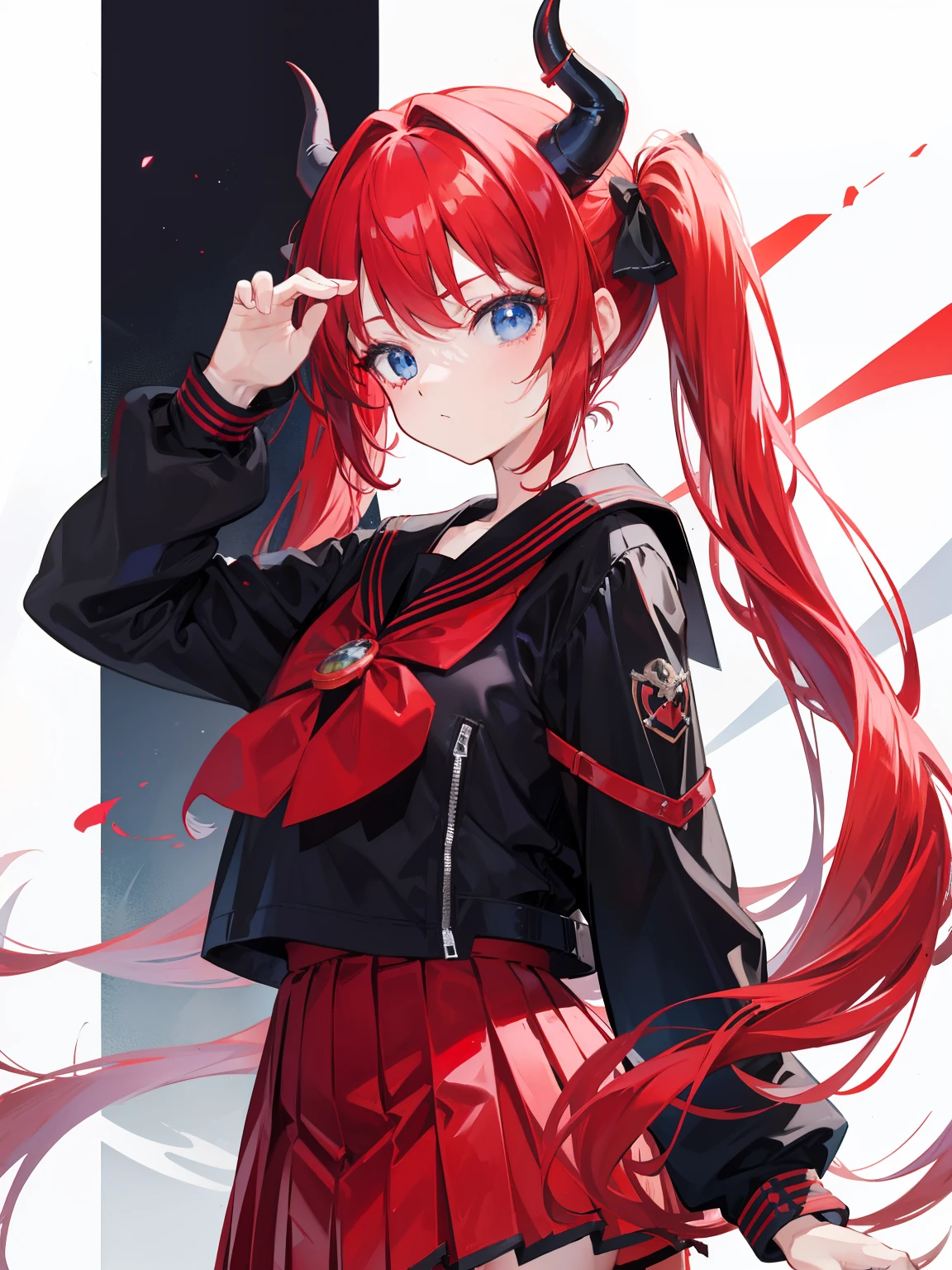 red hair, blue eyes, twintails, Sailor suit,black coat, Dragon horns,Pleated skirt,solo,loli,cute,bow