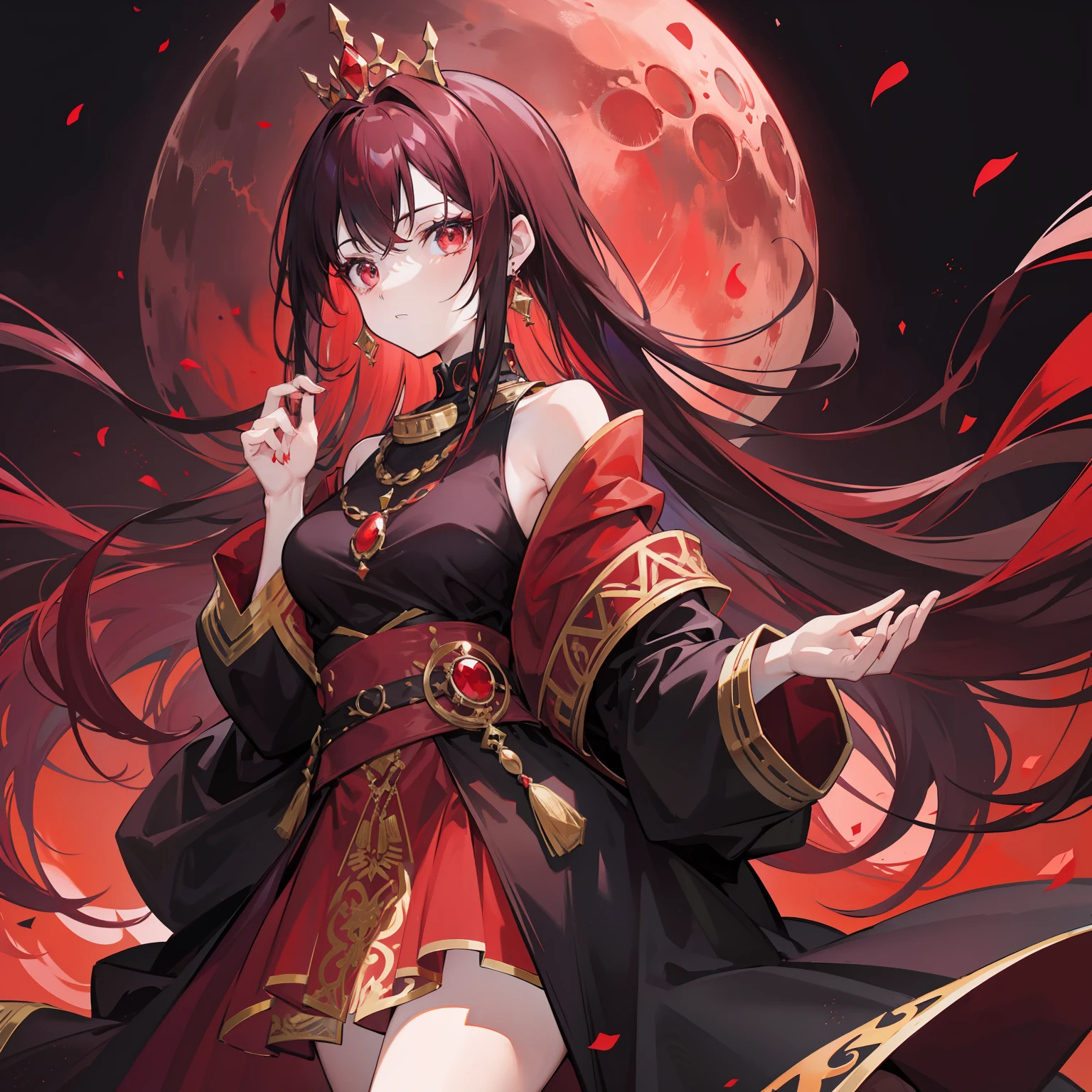 Red moon background,Relatively pale black-red hair and clothes,Black and reddish purple clothes,and gold jewelry,She is a very proud queen sister