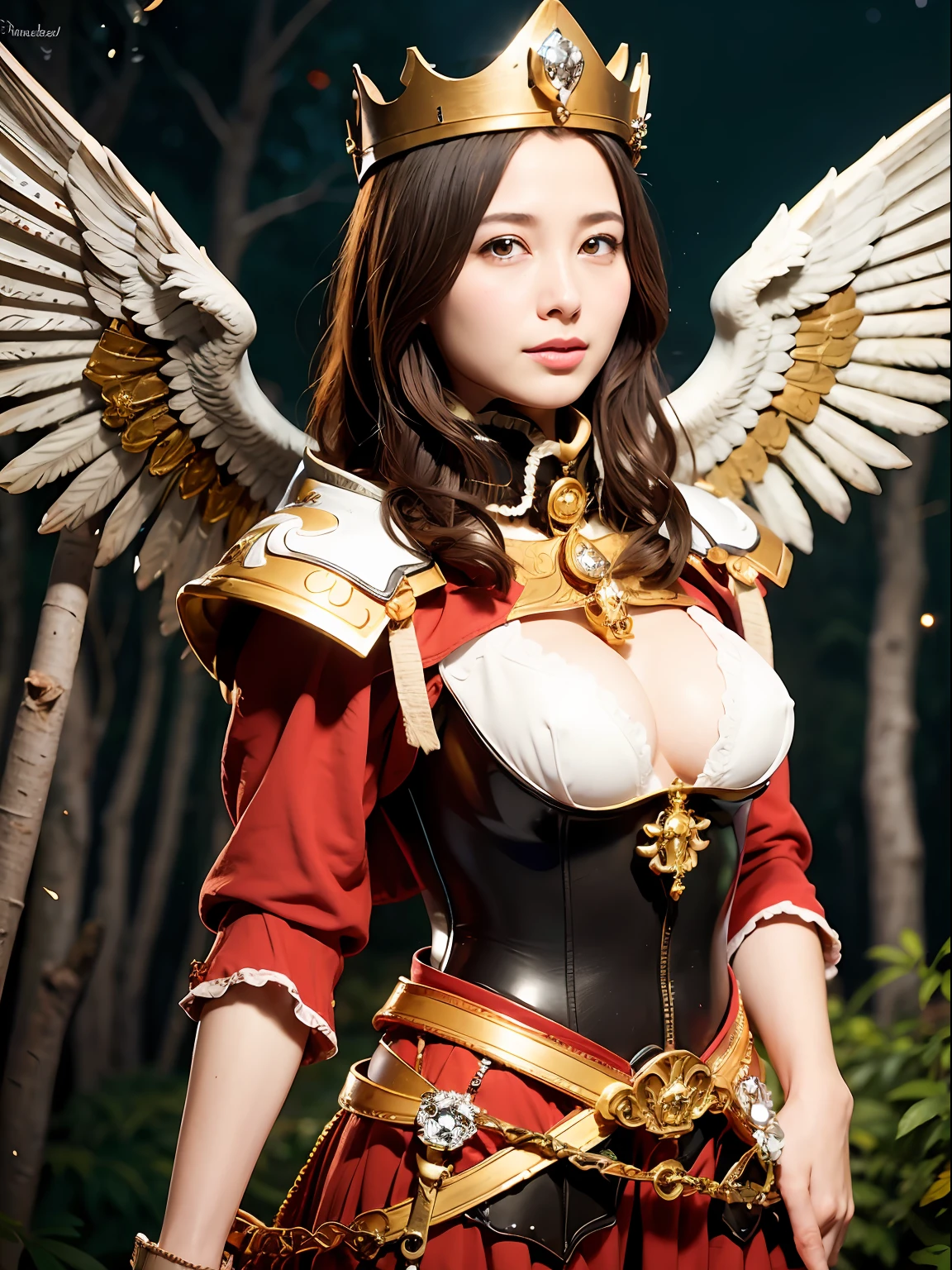 (masutepiece), Professional , masterpiece、top-quality、photos realistic , depth of fields 、(Wind element),tornado,Lightning,(Gemstone Silver Metal Body:1.9),(Matte White、(Gangle's forest background),(Brown hair long straight)、Jewel Gold Weapon、(Castle background),Gorgeous metal weapons,(Detailed and realistic angel white wings) , Detailed Sword of the Brave , Beautiful knife 、delicated face、20 years girl ,warhammer 40k , adepta sororitas,Detail and ornate jewel crown、a blond、(Gangle's forest background)、Beautiful Caucasian beauty、1a person、dynamic ungle,(((Detailed and ornate diamond crown)))、Smaller head、A smile、Powerful poses、Beautiful thin fingers of a woman、cleavage of the breast、