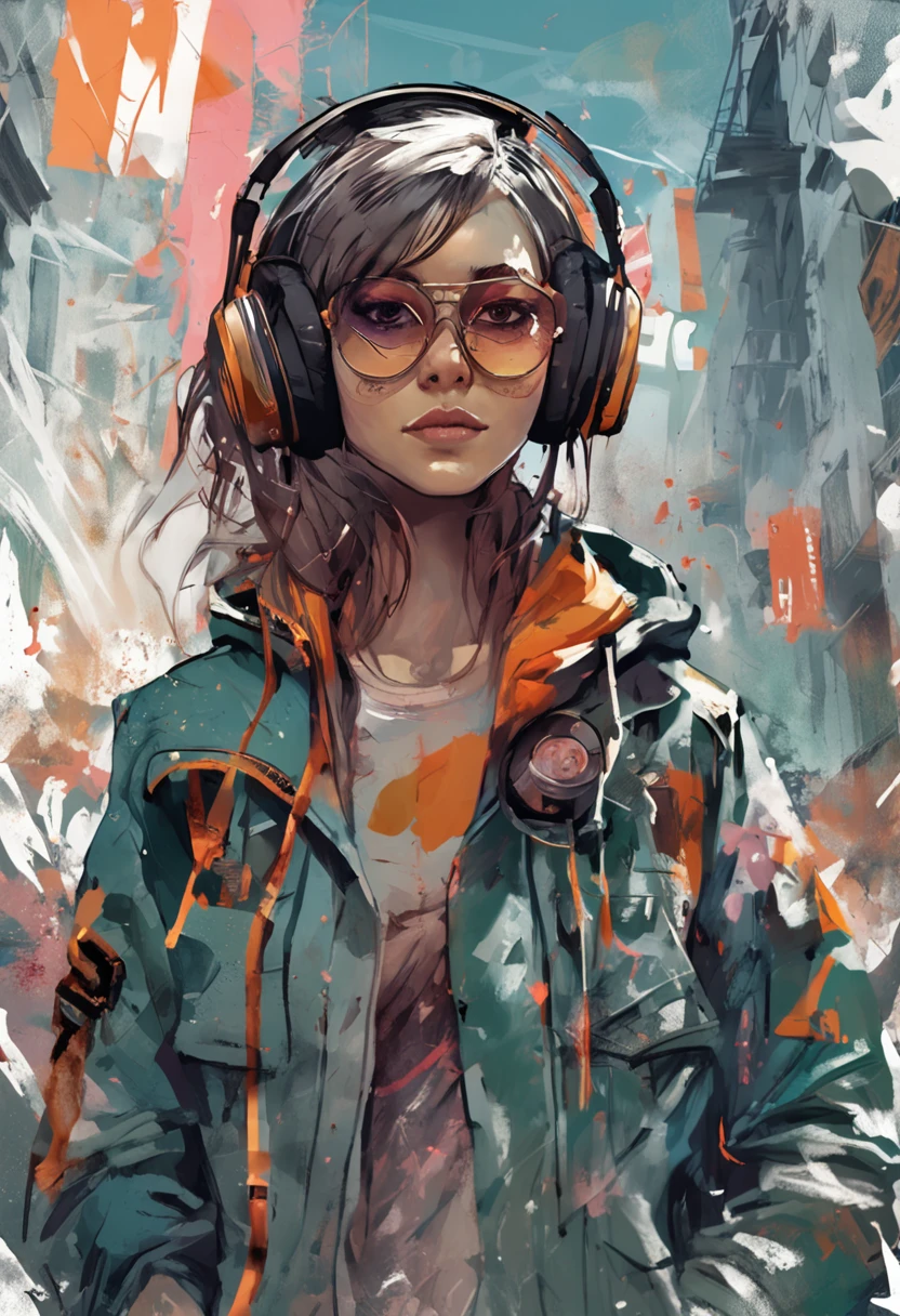 Perfect centering, Cute girl, bikes,Fall,Wear a student team jacket, Wearing sunglasses, Wearing headphones, cheerfulness, Standing position, Abstract beauty, Centered, Looking at the camera, Facing the camera, nearing perfection, Dynamic, Highly detailed, smooth, Sharp focus, 8K, high definition resolution, illustration, Art by Carne Griffiths and Wadim Kashin, White background