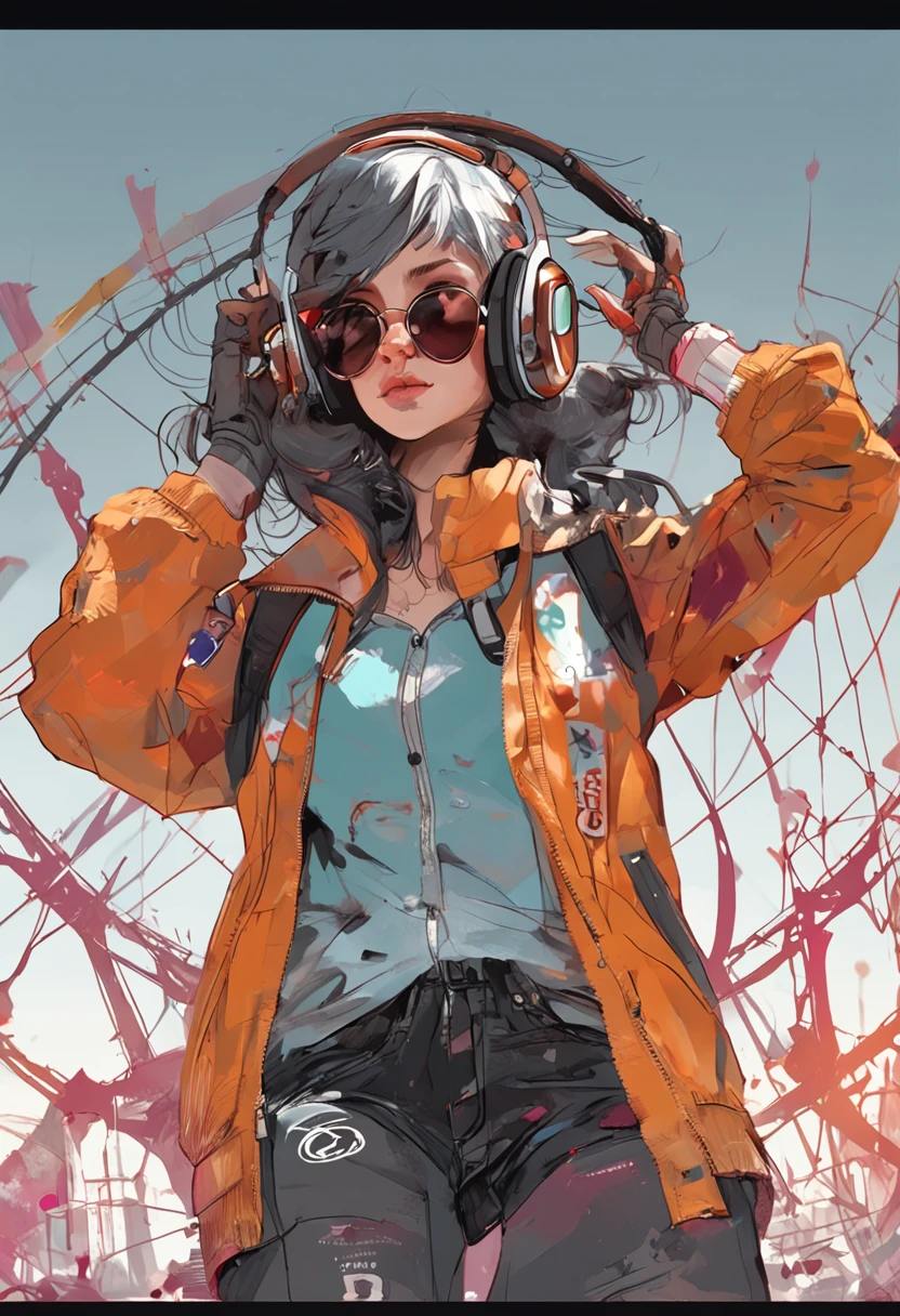 Perfect centering, Cute girl, bikes，Fall，Wear a student team jacket, Wearing sunglasses, Wearing headphones, cheerfulness, Standing position, Abstract beauty, Centered, Looking at the camera, Facing the camera, nearing perfection, Dynamic, Highly detailed, smooth, Sharp focus, 8K, high definition resolution, illustration, Art by Carne Griffiths and Wadim Kashin, White background