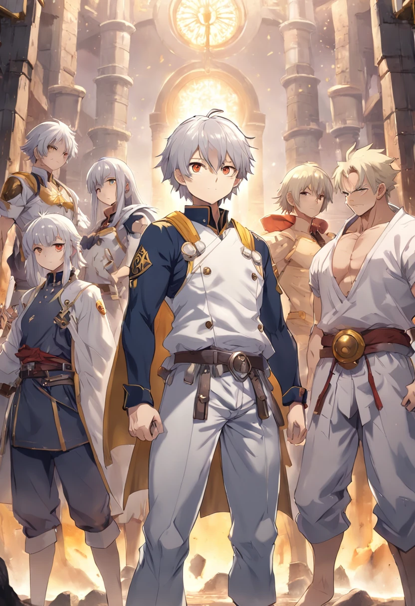 Anime characters with short silver-gray hair and blonde eyes standing in front of the adventurers' guild, Best anime 4k konachan wallpaper, Tall anime guy, Silver-gray hair, Anime art wallpaper 4k, Anime art wallpaper 4 K, Key anime art, 4K manga wallpaper 35 years old man anime character short silver gray hair, Light golden eyes, Strong body, Strong bear, Height 198 cm, Weight 180 lbs, Mature faces, Humility, Cross your hands at your waist, Full body like, Slightly chubby body, Muscles Golden pupils Wear yellow Arm vest Arm shoulder Tomahawk Hearty smile Towering as a mountain, whaite hair, Short hair, Cinematic lighting, hyper HD, ccurate