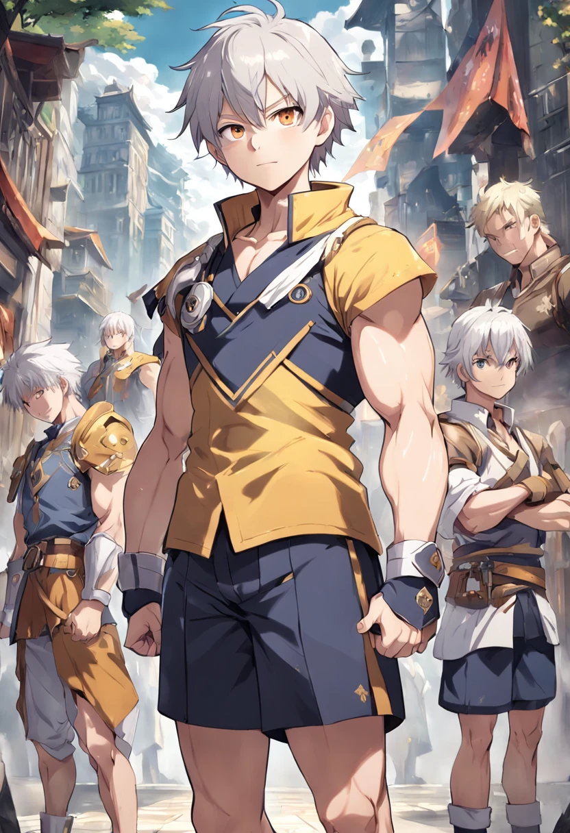 Anime characters with short silver-gray hair and blonde eyes standing in front of the adventurers' guild, Best anime 4k konachan wallpaper, Tall anime guy, Silver-gray hair, Anime art wallpaper 4k, Anime art wallpaper 4 K, Key anime art, 4K manga wallpaper 35 years old man anime character short silver gray hair, Light golden eyes, Strong body, Strong bear, Height 198 cm, Weight 180 lbs, Mature faces, Humility, Cross your hands at your waist, Full body like, Slightly chubby body, Muscles Golden pupils Wear yellow Arm vest Arm shoulder Tomahawk Hearty smile Towering as a mountain, whaite hair, Short hair, Cinematic lighting, hyper HD, ccurate
