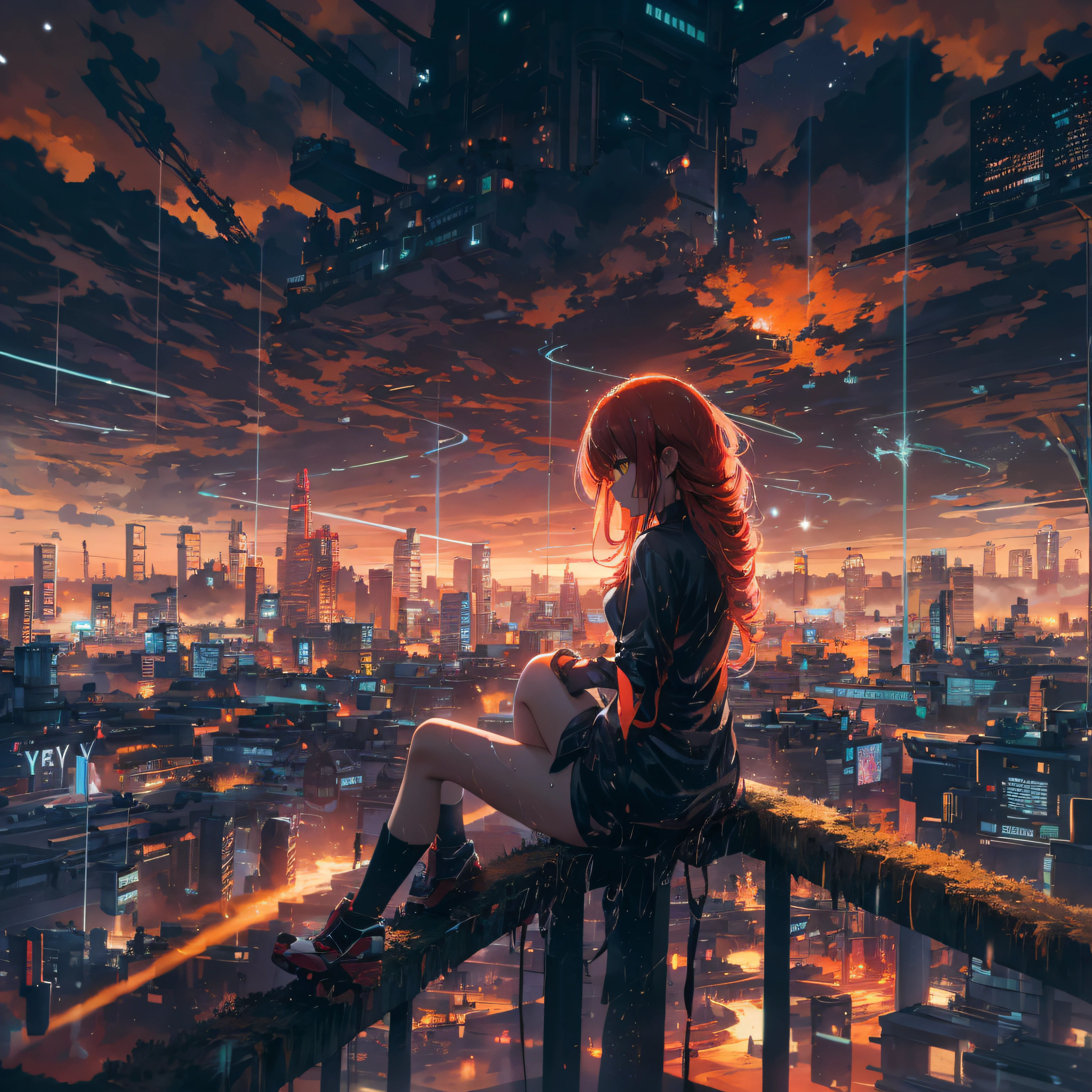 octans, sky, star (sky), scenery, starry sky, night, 1girl, night sky, solo, outdoors, building, cloud, comets, milky way, sitting, tree, bring small robot, long red hair, white shirt, golden eyes, black panties, wet, sexy, cyber city, futures, silhouette, cityscape, amazing, power, aura.