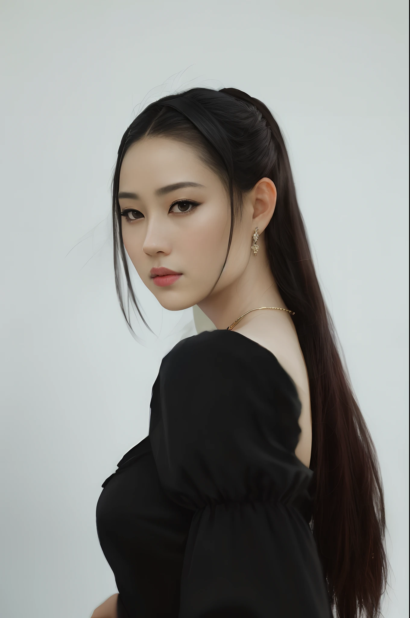 there is a woman in a black dress posing for a picture, Zhang Jingna, Portrait of Ana de la Regra, ruan jia beautiful!, Lu Ji, kimi vera, up face with 1 9 2 0 s hairstyle, Fan Bingbing, Hana Alyssa Omar, author：Arthur Penn, poster shot, inspired by Yao Tingmei, gorgeous beautiful woman
