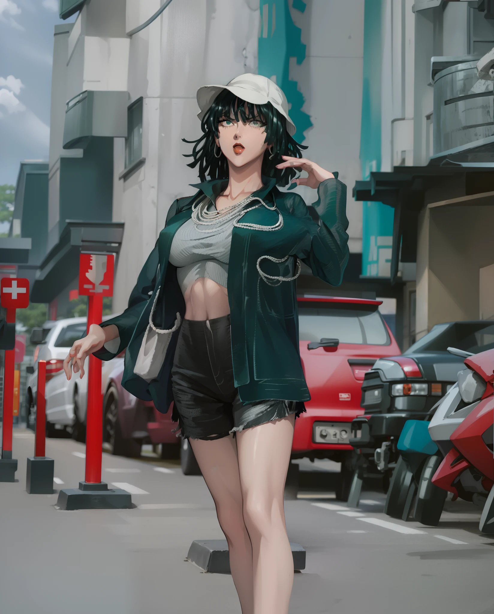 Girl, red lips, big nose, big tits, glasses, shorts hair, black hair colors, wearing earrings, wearing a necklace, fair skin, gray bucket hat colors, long sleeve levis shirt, white shorts tank top colors, short black pants, sexy body, sexy girl, stand pose, elegant pose, beautiful girls, in outdoor, urban background, realistic