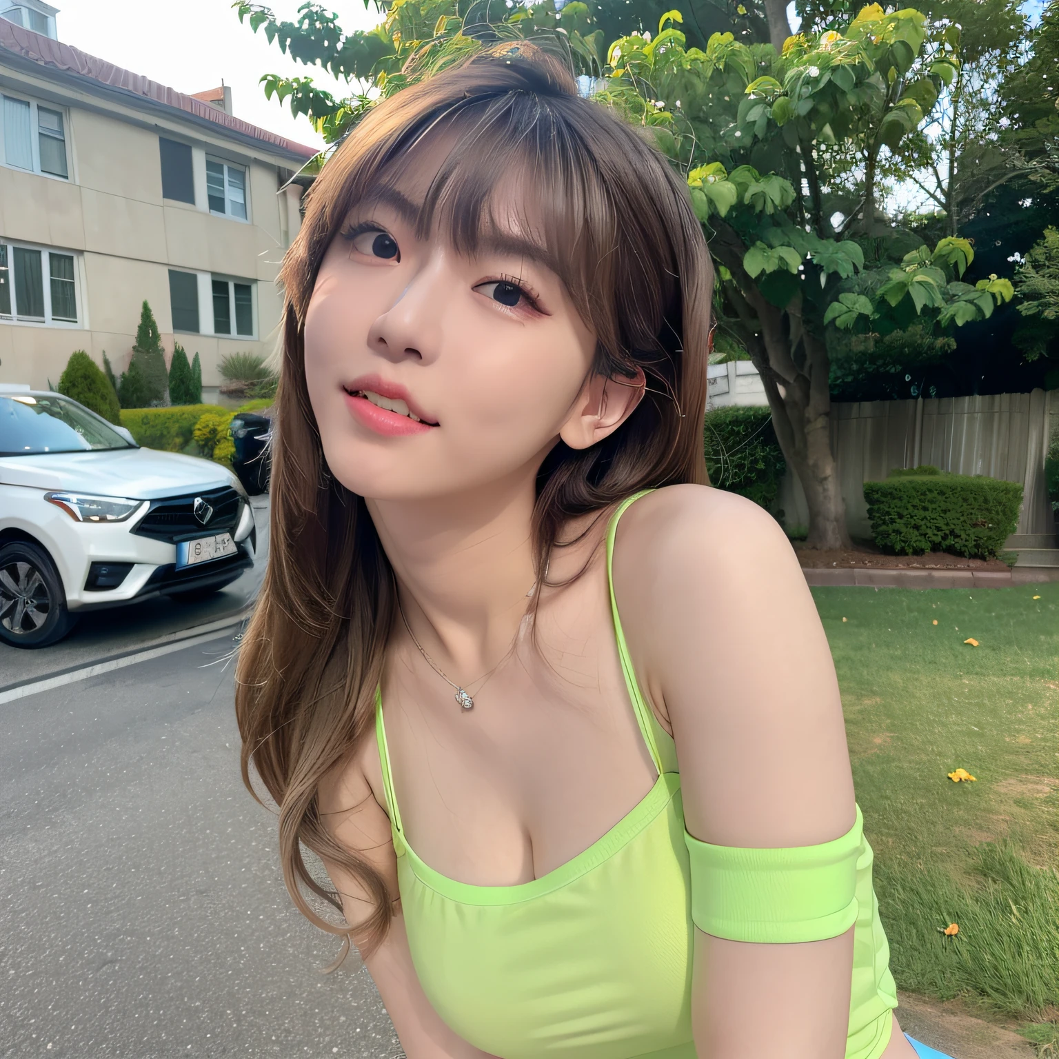 (8K, RAW photo, Best quality, Masterpiece:1.2), (Realistic, photo-realistic:1.37), Best quality, 超高分辨率, nfsw back lights, light leaks, Dynamic lighting, Slim, Smooth skin, (PureErosFace_V1:1), Bond, navel, Kpop idol, (Beautiful detailed eyes:1),(Beautiful detailed face:1),(freebuffing:1.2), Outdoors, Ulzzang-6500, 1girll, standing, Upper body, (:1.2), , from the front side, Front view, view the viewer, Huge breasts, arms back behind, street, Sunlight,