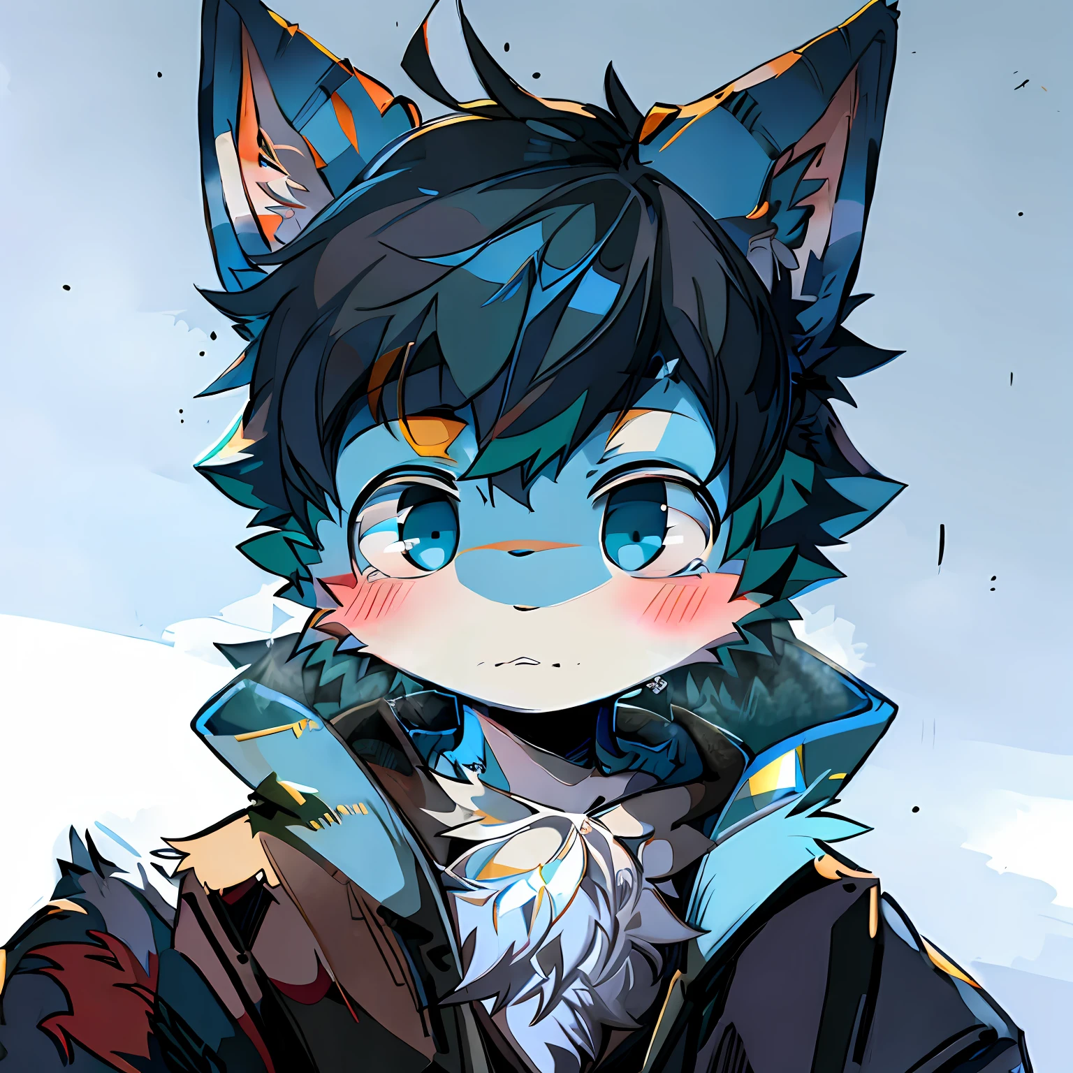 Anime - style image of a cat with blue eyes and a black coat, fursona art, furry character portrait, very very beautiful furry art, fursona furry art commission, fursona commission, fursona!!!!, furry fursona, portrait of an anthro fox, anthro portrait, Furry art!!!, Furry character, commission for high resolution, Detailed fanart,Background of rain