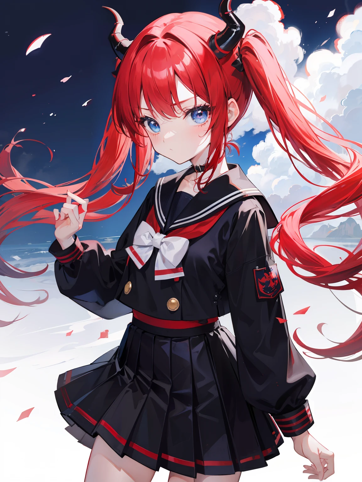 red hair, blue eyes, twintails, Sailor suit,black coat, Dragon horns,Pleated skirt,solo,loli,cute,bow