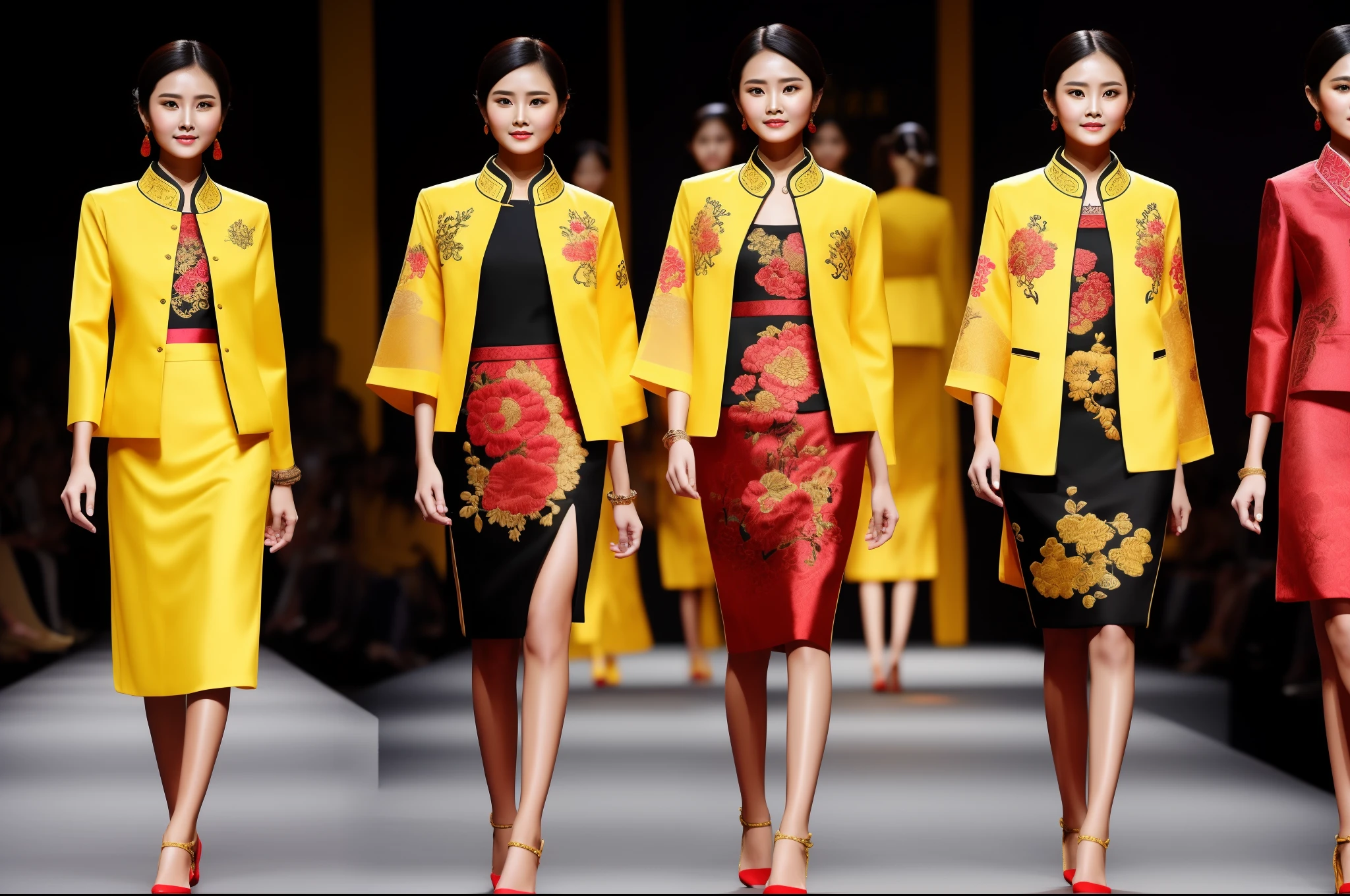 women model illustrations with modern cutlines short and long both dress casual wear like a jacket, suit, blazer, and skirts in the bottom of yellow black, and red color with Chinese traditional embroidery patterns where the background of the models are ash color fashion runway