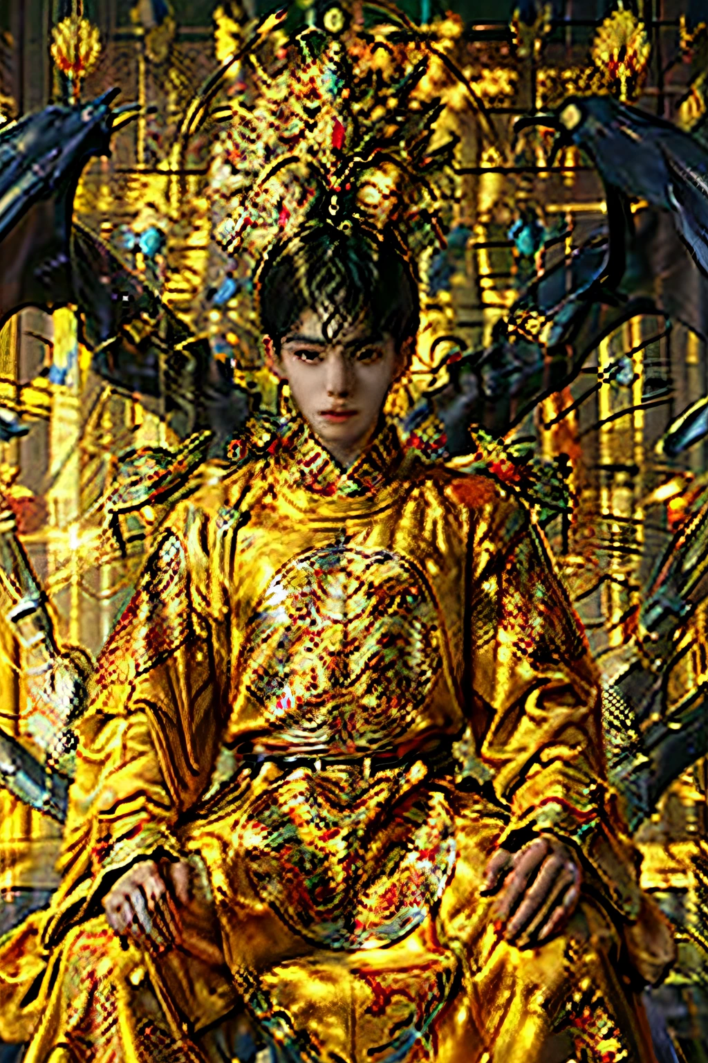 1 boy， The king's crown， Yellow dragon_gown， tmasterpiece， best qualtiy， realisticlying， Forbidden City background