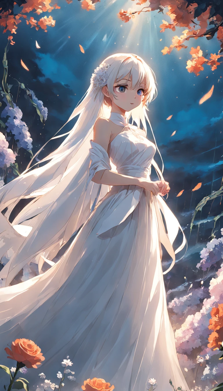 Beautuful Women,Wear a crisp white wedding dress,Swell a bouquet of flowers,laughingly