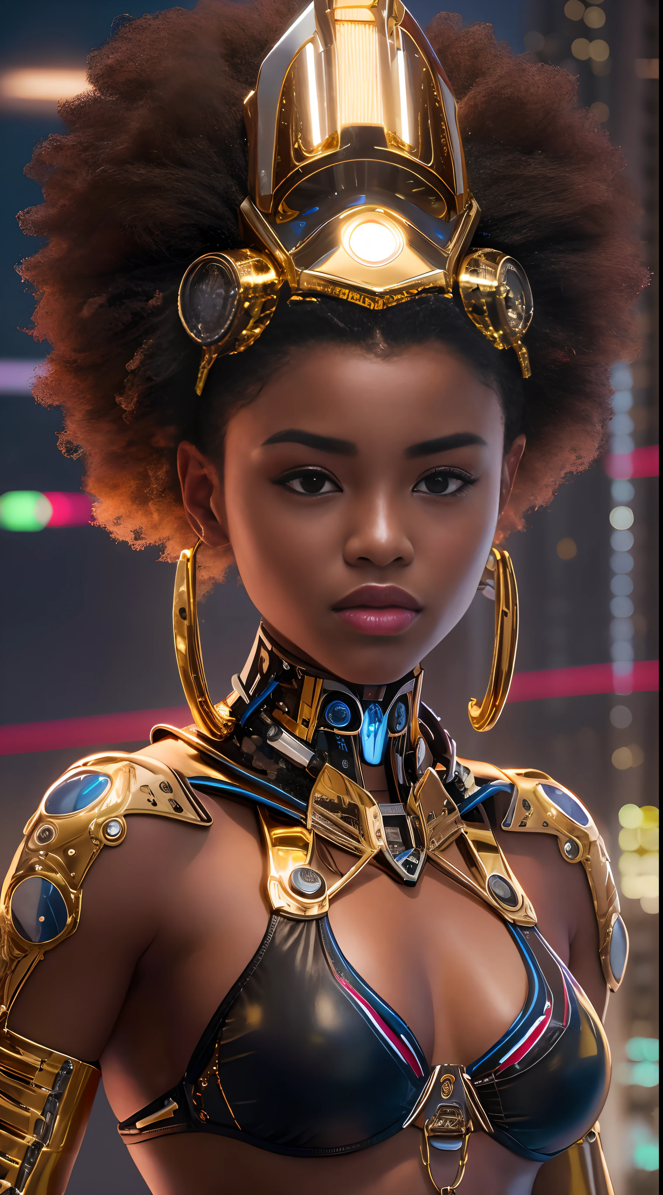 Cybernetic girl((afro americana))Beautiful looking at the camera in bikini Detailed muscles realistic masterpiece, Pose ativa, action pose, luz LED | |, Gold Parts, franja, cabelo curto, vista traseira, Costas, fundo cidade noite neon