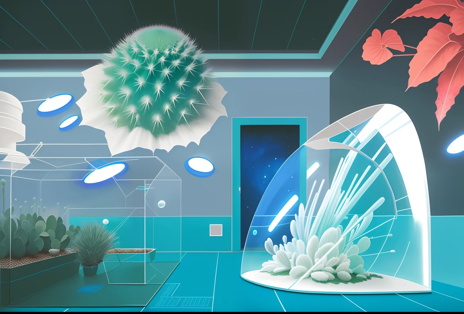 Painting cacti in a room with a blue floor, surreal sci fi set design, science fiction scene, Granular matte painting, Surreal gouache, science fiction scene, cryogenic pods, scifi illustration, surreal scene, scifi illustration, Science fiction painting, depicted as a scifi scene, science fantasy painting, hyper-realistic illustration