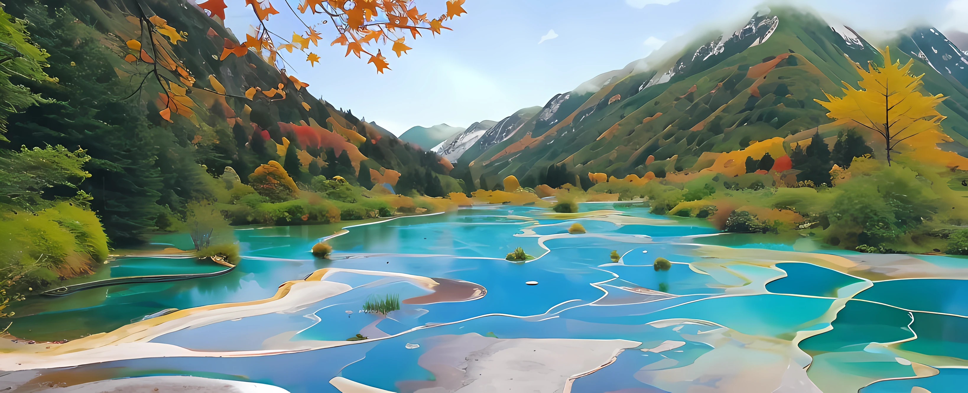 autumnal,Jiuzhaigou,Huanglong calcification pool, There is a blue river,Colorful pool,Stylized scenes