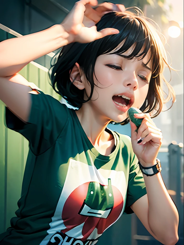 ( Screaming),Reaching the climax:1.3,One girl closing her eyes, short-cut、masutepiece、Bottoms are randomly generated、( Cucumber Illustration Printed Shirt )、Dark hair、GI Cut、Background bokeh:1.5