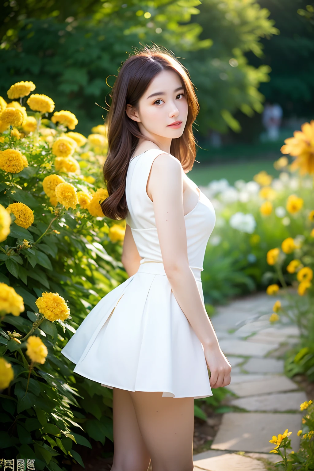 (Best Quality, Masterpiece: 1.2), Portrait, Breasts, Outdoor, 25-Year-Old Woman in the Garden: 2, White Miniskirt, (Pale Yellow Flower Confusion in the Background: 1.3) Same character, different costume, different angle, backlight: 1.5, rich skin detail: 1.5,