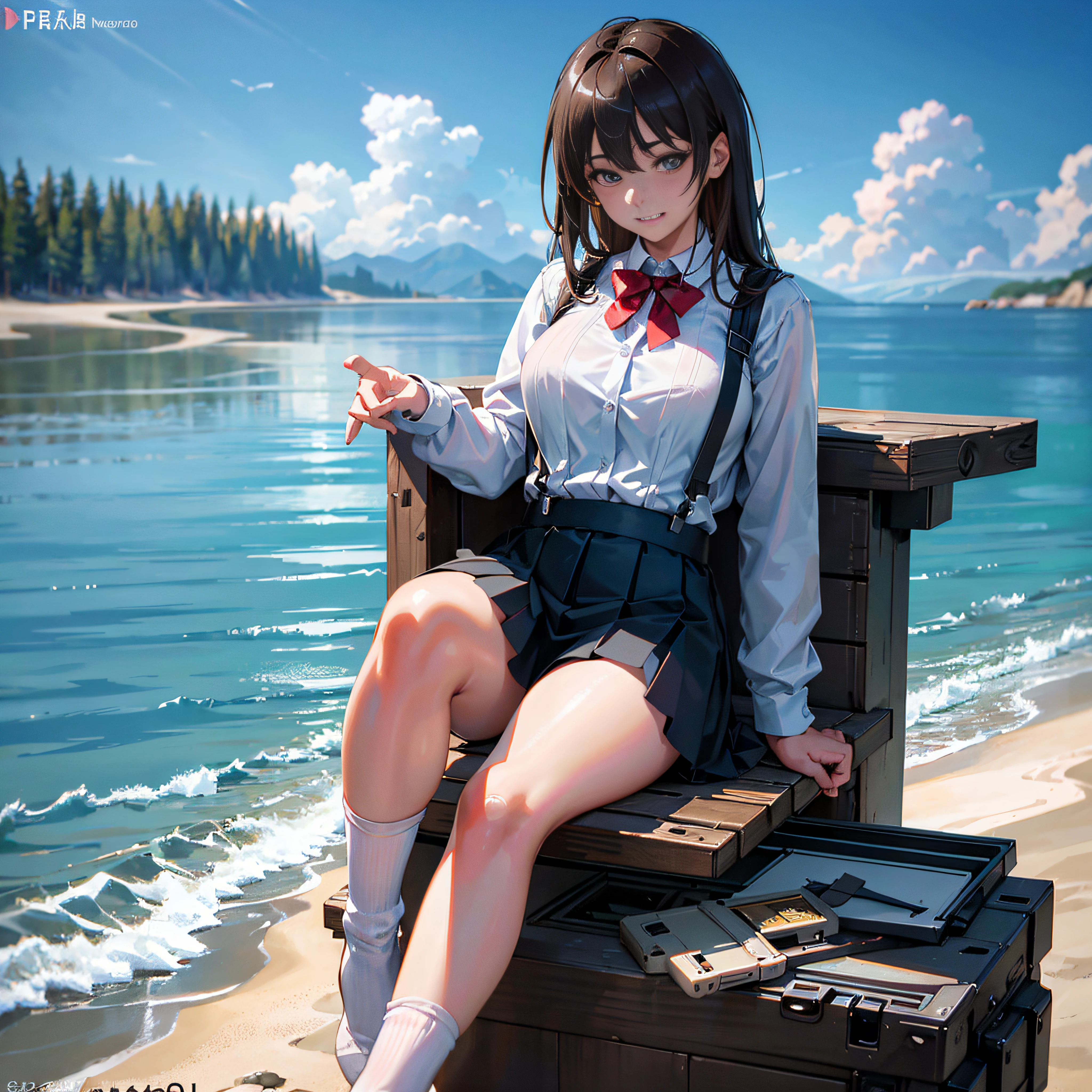 ultra - detailed, A high resolution, (realisticlying, photo-realistic:1.4), 8K, RAW photogr, (tmasterpiece), (best qualtiy), physically-based renderingt, college girl, Brown hair long, Korea, sea beach, Behold the, Long socks, Unbuttoned_White_shirt,Beautiful mature college girl,Outdoors,Suspenders,grin face,with blue sky and white clouds,((Slim,Bigchest)),with fair skin,Photoreality,photore,tmasterpiece,hentail realism,hentail realism,Photoreality,hight contrast,Photorealistic digital art trends in HD detail and photorealistic at Artstation 8K, A detailed, skin textures, ultra - detailed, realistic skin textures, armature, best qualtiy, 超A high resolution, (真实感:1.4),, A high resolution, A detailed, RAW photogr, Sharp, author:Lee Jeffries Nikon D850 Film Stock Photo 4 Kodaport 400 Camera F1.6 shots, Rich colors, Ultra-realistic realistic textures, Dramatic lighting, unrealengine artstation cinestill 800 trends,