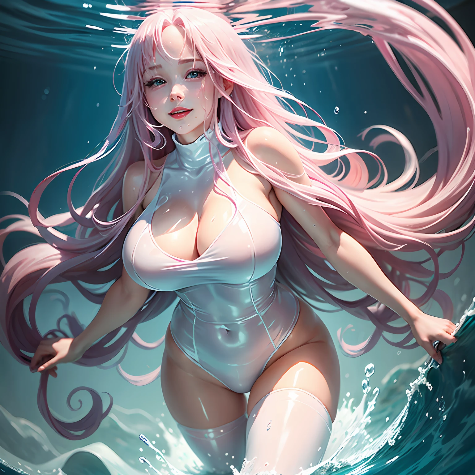 Dressed in wet white and translucent,Fingers red lips,A smile appeared at the corner of his mouth,Water vapor fills the space,Long flowing pink hair,Two-dimensional anime,wallpaper hd,Towering breasts,Treading water barefoot