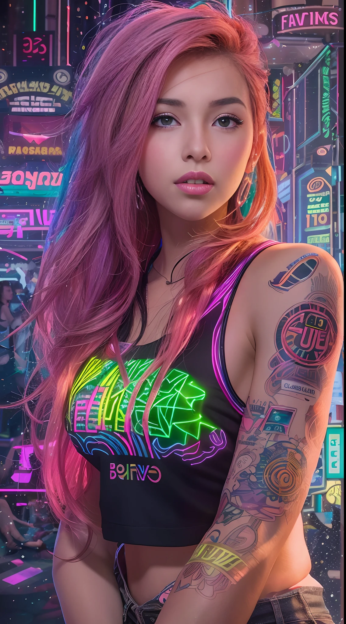 Arafed woman with long rainbow hair and a neon cyberpunk tank top, retrato, Ela tem um rosto bonito, Imagens da Webcam, clivagem, peituda, sexy look at the camera, Fotografado na webcam, 4 8 0 p, 480p, Seu peito, she's facing the camera, gorgeous female, fundo do clube de discoteca, RGB, LED Rave Lighting