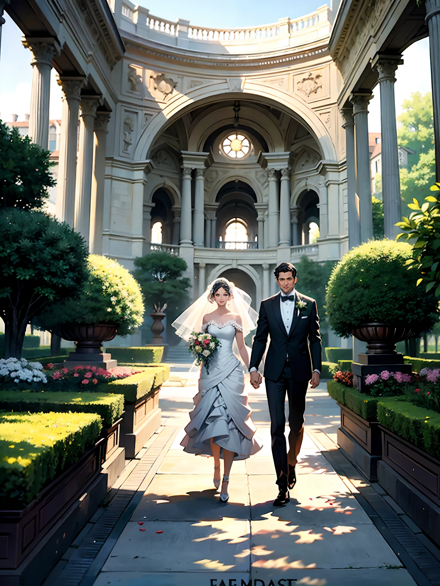 Photo of Araf of the bride and groom walking in the garden, luxurious wedding, wedding photo, couple walking hand in hand, Image from《Vogue》Magazines, inspired by James Tissot, author:Hermione Hammond, Bride and groom, author:Bernard DeAndrea, Inspired by Edmund Layton, author:Roman Brooke, by Joy Garnett, An elegant couple, walking at the garden
