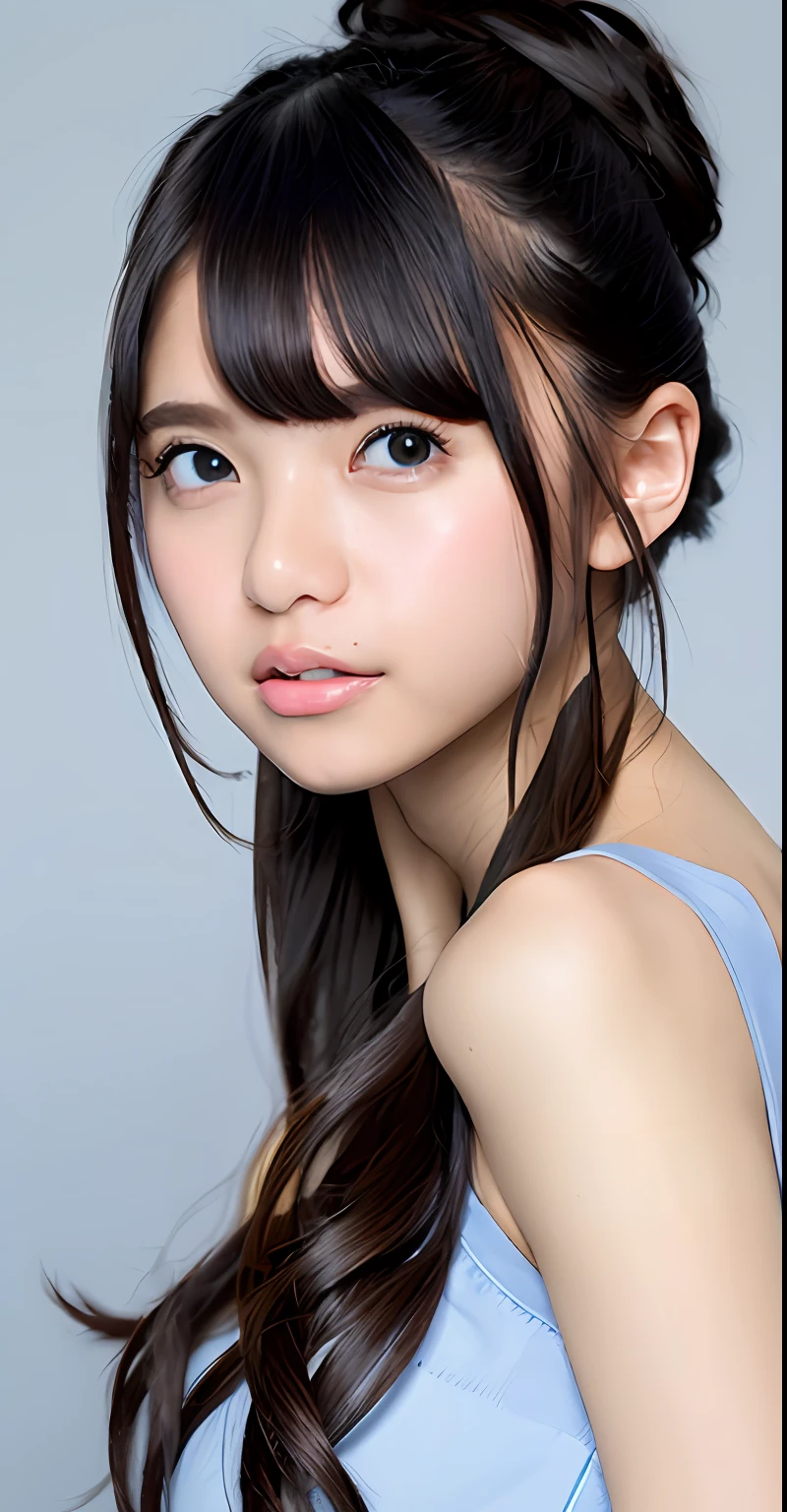 highest quality, Soft Light, Ultra-high resolution, (Realistic:1.4), RAW Photos,
1 Japanese girl, alone, cute, (pupil, Light in your eyes),  Beautiful face in every detail, (),(High resolution detail of human skin texture),
(Twin tails),
bar,
Tank top、From above